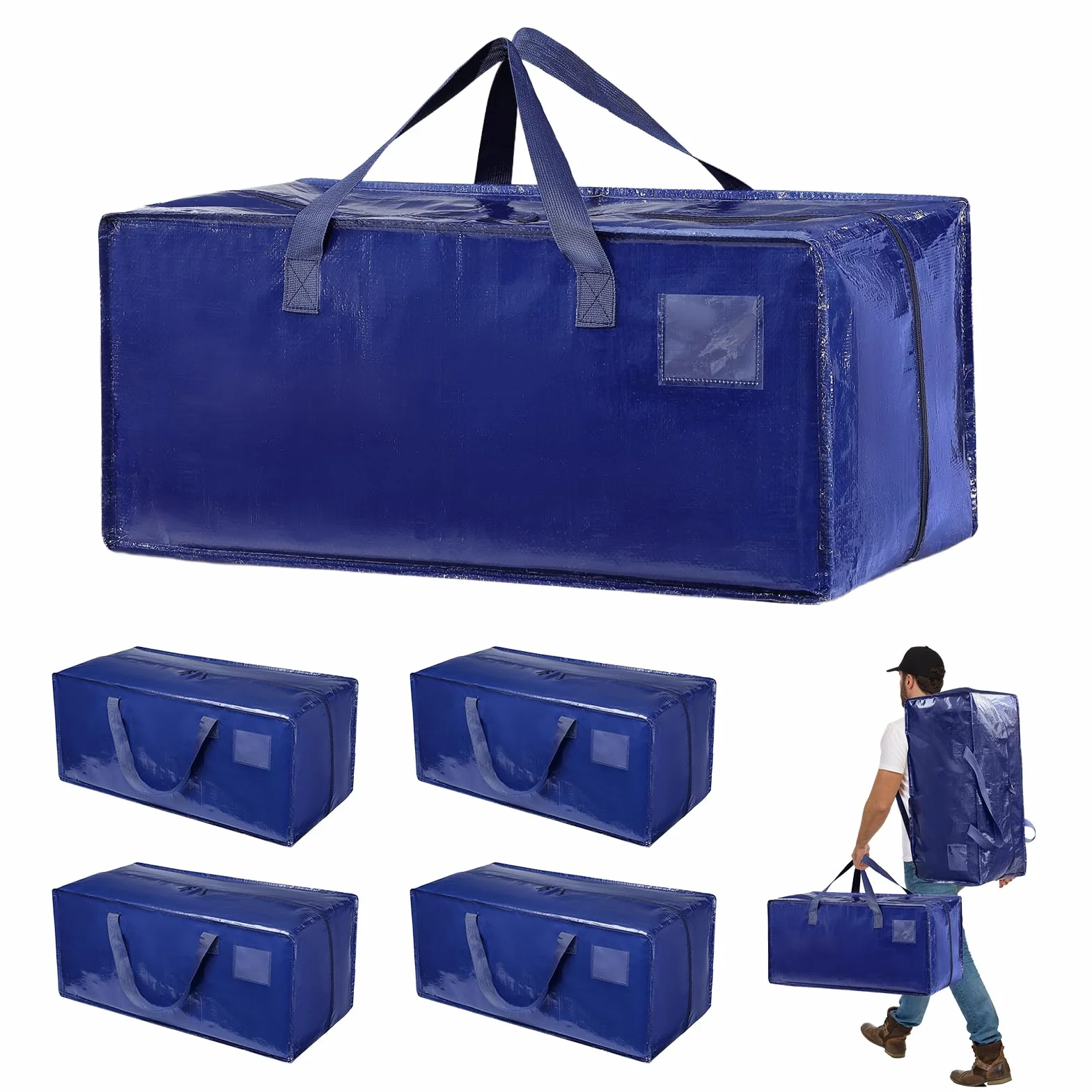 Pack de 4 Bolsas de Mudanza, 92L Grande Bolsas de Almacenamiento para la Mudanza Extra Grande con Cremallera, Bolsas para Guardar Ropa Edredones, Alternativa a las Cajas de Mudanza, Azul