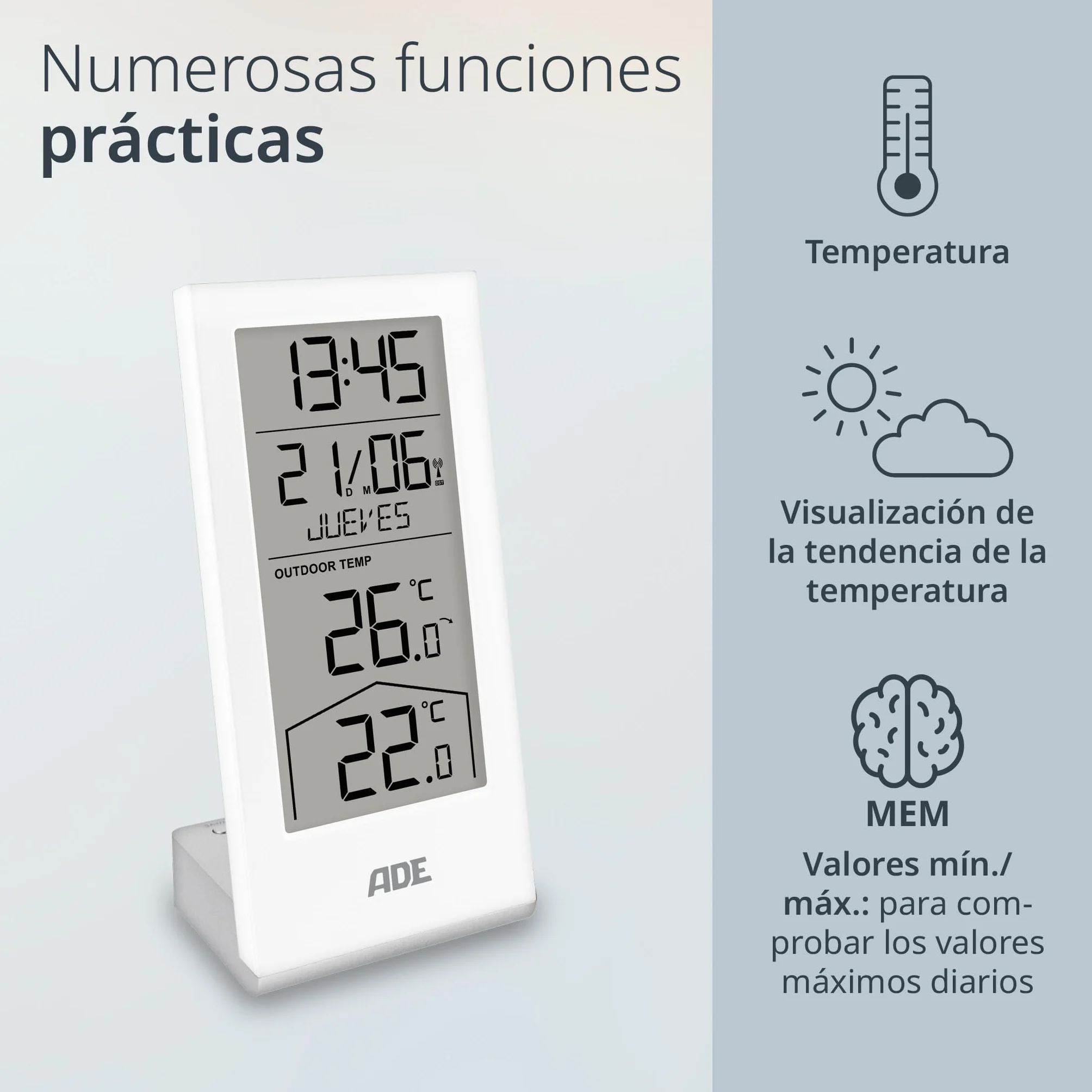 ADE Estación meteorológica digital inalámbrica con sensor exterior | termómetro para temperatura interior y exterior | reloj y calendario radiocontrolados con día de la semana | incl. pilas | blanco