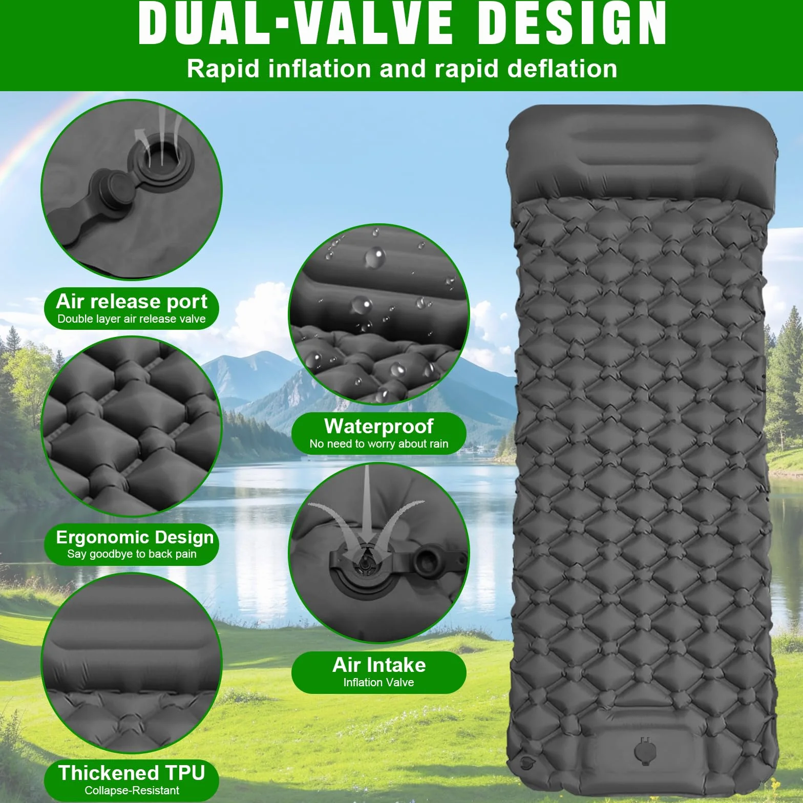 Colchón autoinflable ultraligero impermeable con bomba de pie para camping