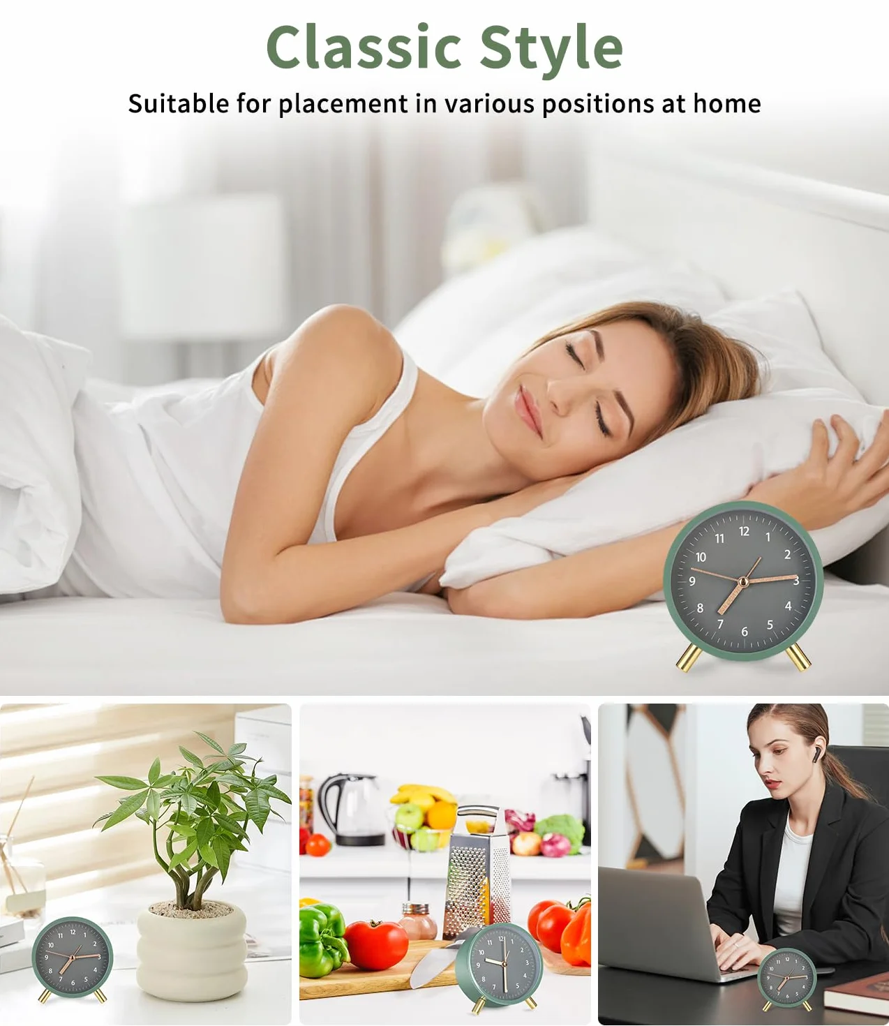 Reloj Despertador Analógico de Metal Redondo Verde Silencioso sin Tictac con Luz Nocturna para Dormitorio, Oficina y Viajes