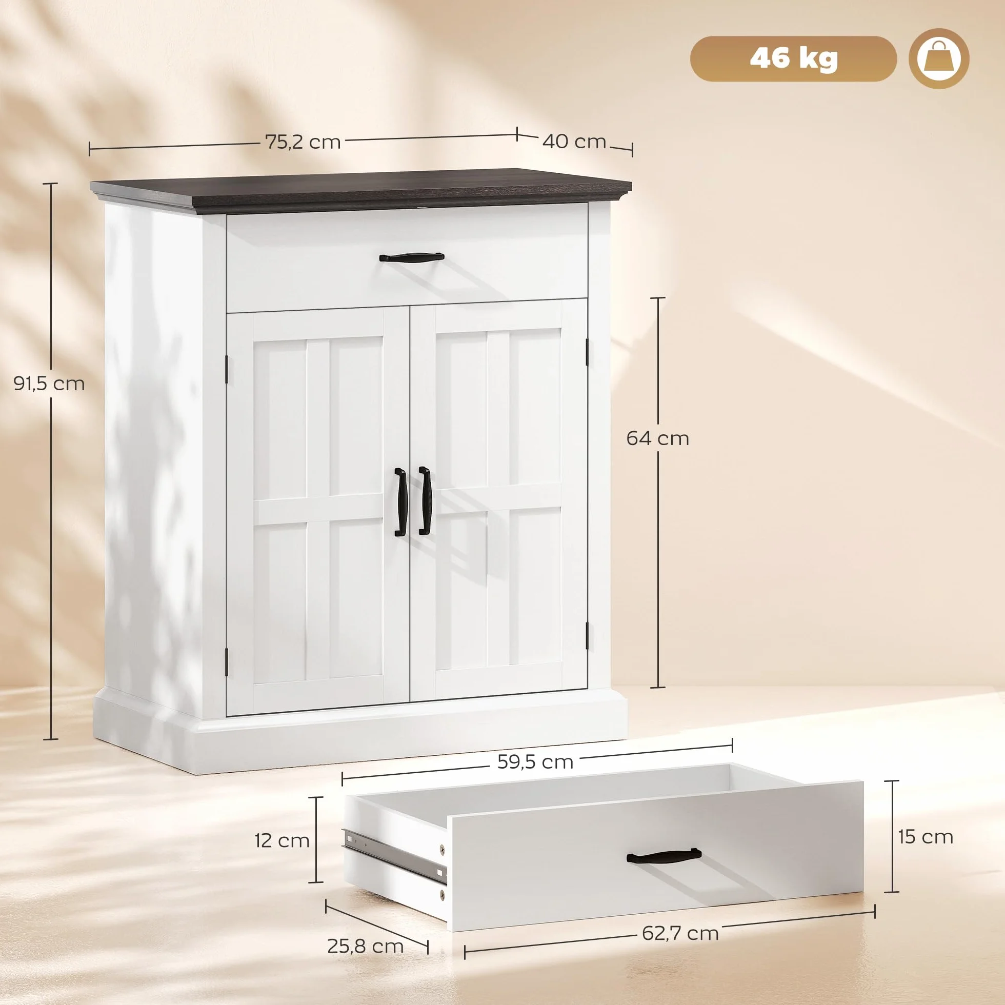 HOMCOM Aparador de 2 Puertas Aparador para Salón Rústico con 1 Cajón Estante Ajustable para Comedor Entrada Blanco 75,2x40x91,5 cm