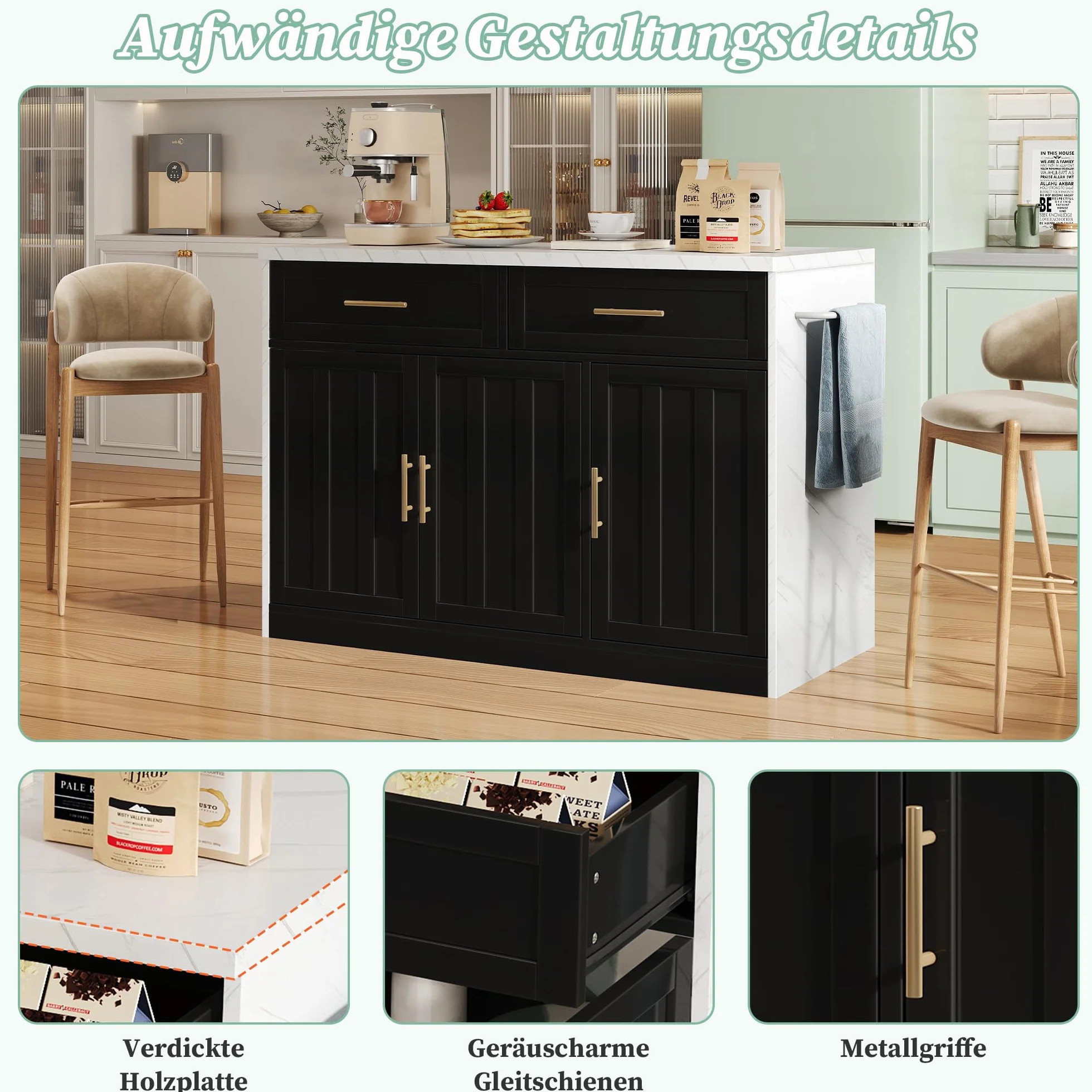 120 x 60 x 91 cm, isla de cocina, enchufes, puertos USB, cable de alimentación de 1,5 m de largo, estantes ajustables, asas de metal, toalleros, zonas de bar, adecuado para apartamentos, cocinas y