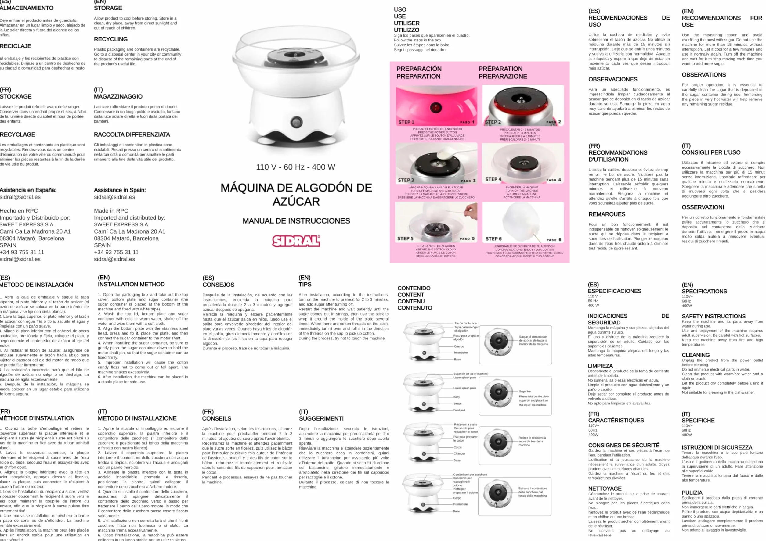 SIDRAL - Maquina Algodon Azucar con 25 Palos de Madera, Cuchara Medidora y 250 GR de Azúcar - Maquina de Algodon de Azucar - Azucar para Maquina de Algodon (ROSA)