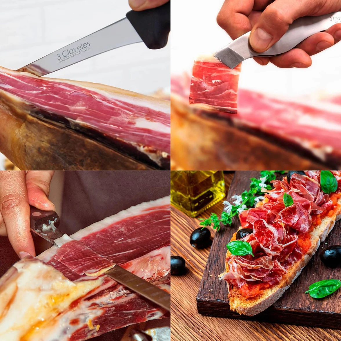 PracticDomus 3 Claveles Cuchillo Jamonero Estrecho, Alveolado, Acero Inoxidable, Mango Pom Negro, 29 cm