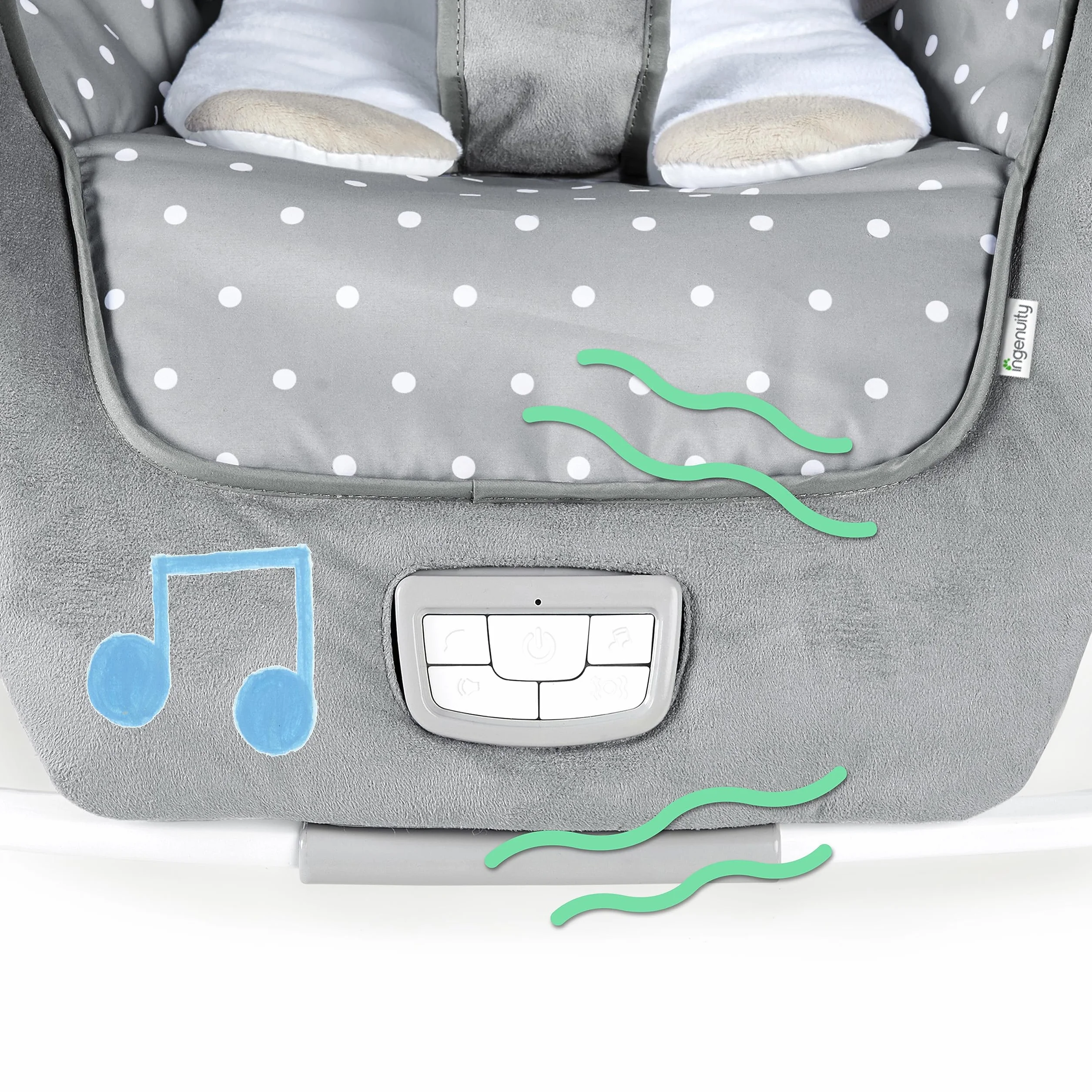 Ingenuity, Hamaca Mecedora para Bebés hasta 18 kg, Cuddle Lamb con vibraciones, arco de juego con 2 peluches, 12 melodías, 4 sonidos de naturaleza, volumen regulable, ergonómico.