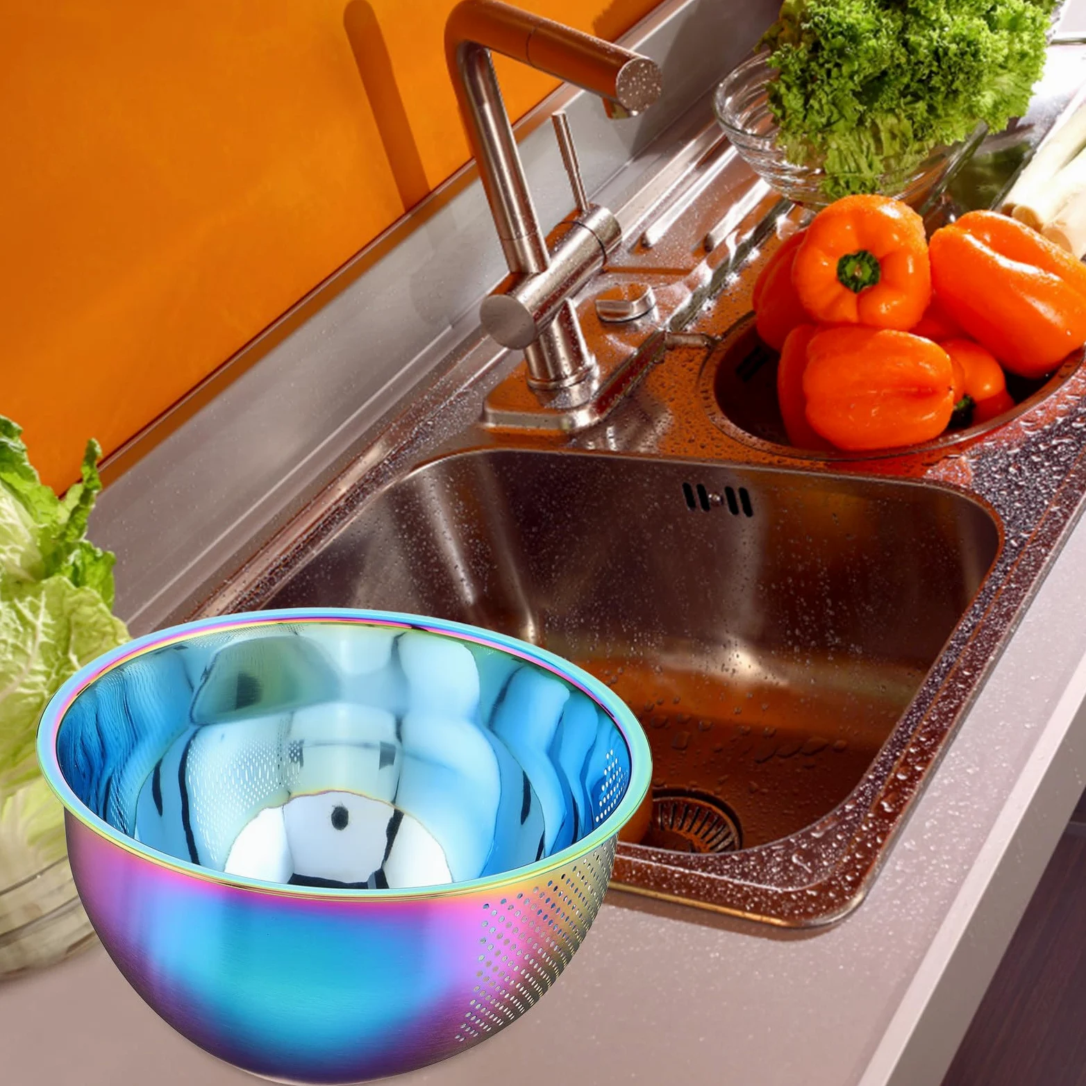 Colador Enjuagador de Arroz de Acero Inoxidable 304, Fondo Inclinado | Gran Capacidad, Drenaje y Limpieza Sencilla, Acabado Iridiscente Elegante para Cocina