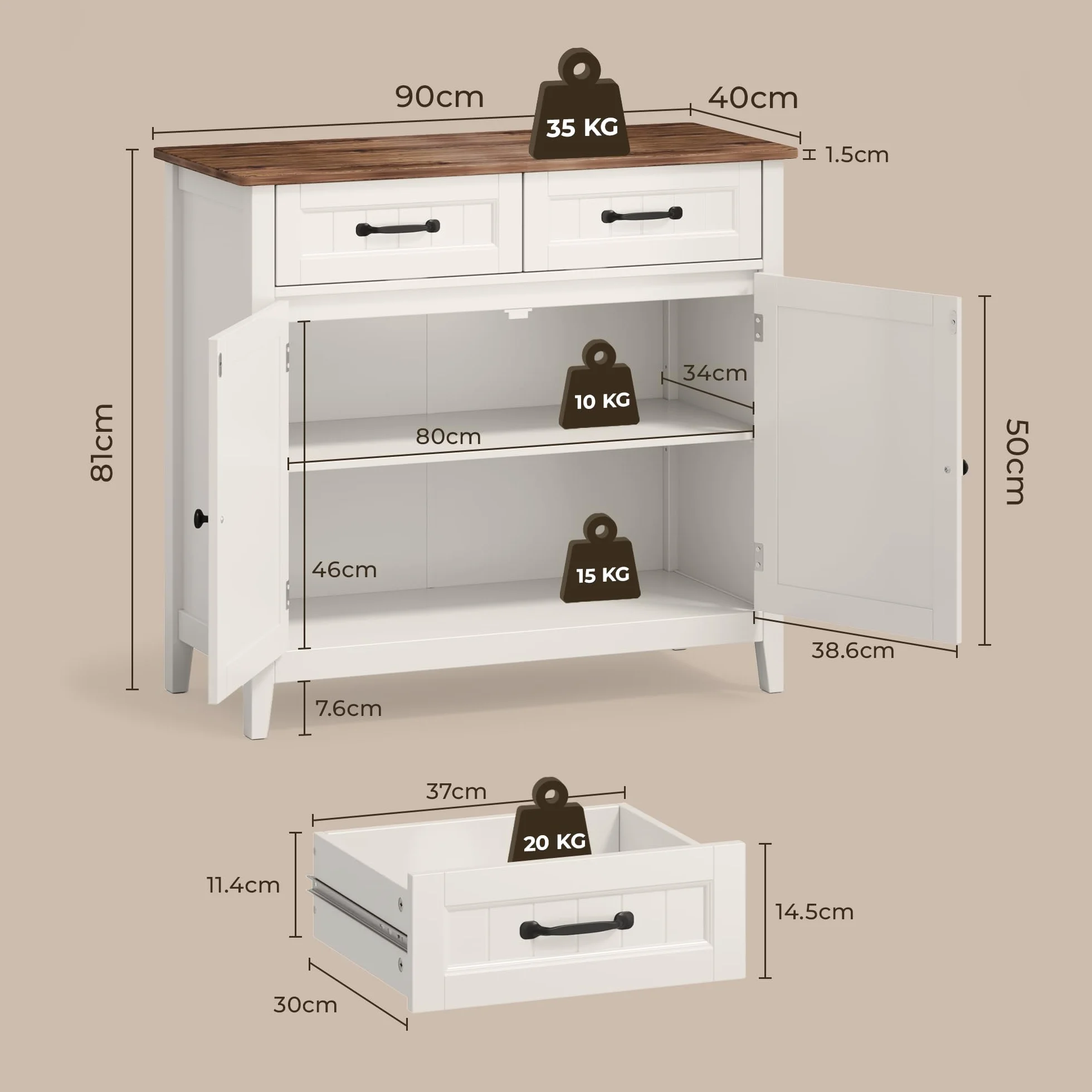 Aparador de Cocina, Aparador Auxiliar con 2 Cajones y 2 Puertas para Cocina, Comedor y Sala, 90×40×82 cm (Retro)