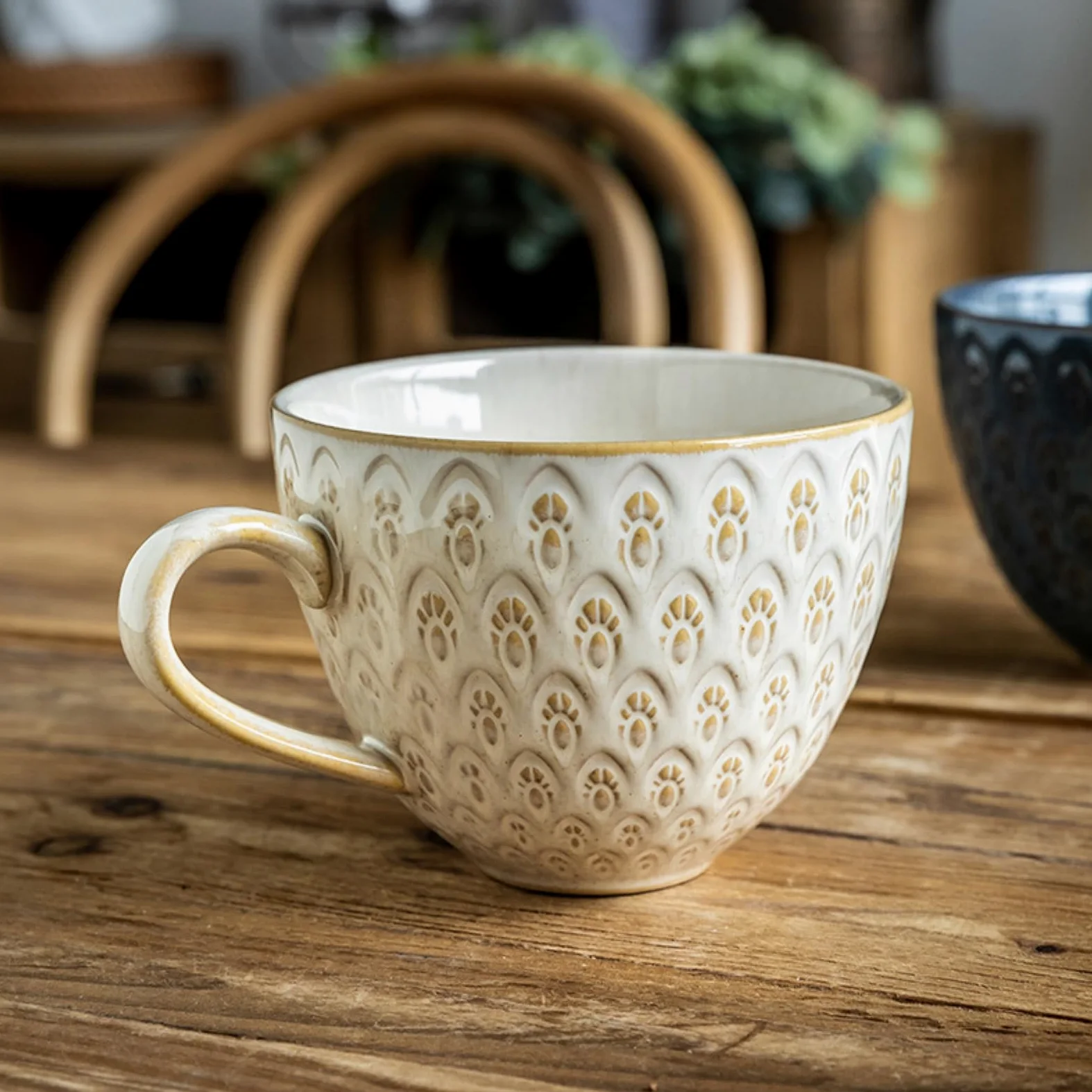 Taza de desayuno a cuadros de 500 ml con esmalte de horno de avena retro de cerámica, 500 ml