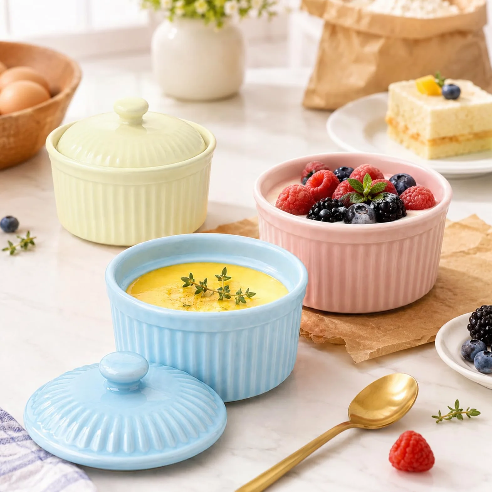 Meltset - Ramequines de 5.5 onzas con tapas, cuencos de cerámica aptos para horno, platos de porcelana para hornear soufflé, crema brulee, pastel de lava, postres de helado, aperitivos (juego de 5)