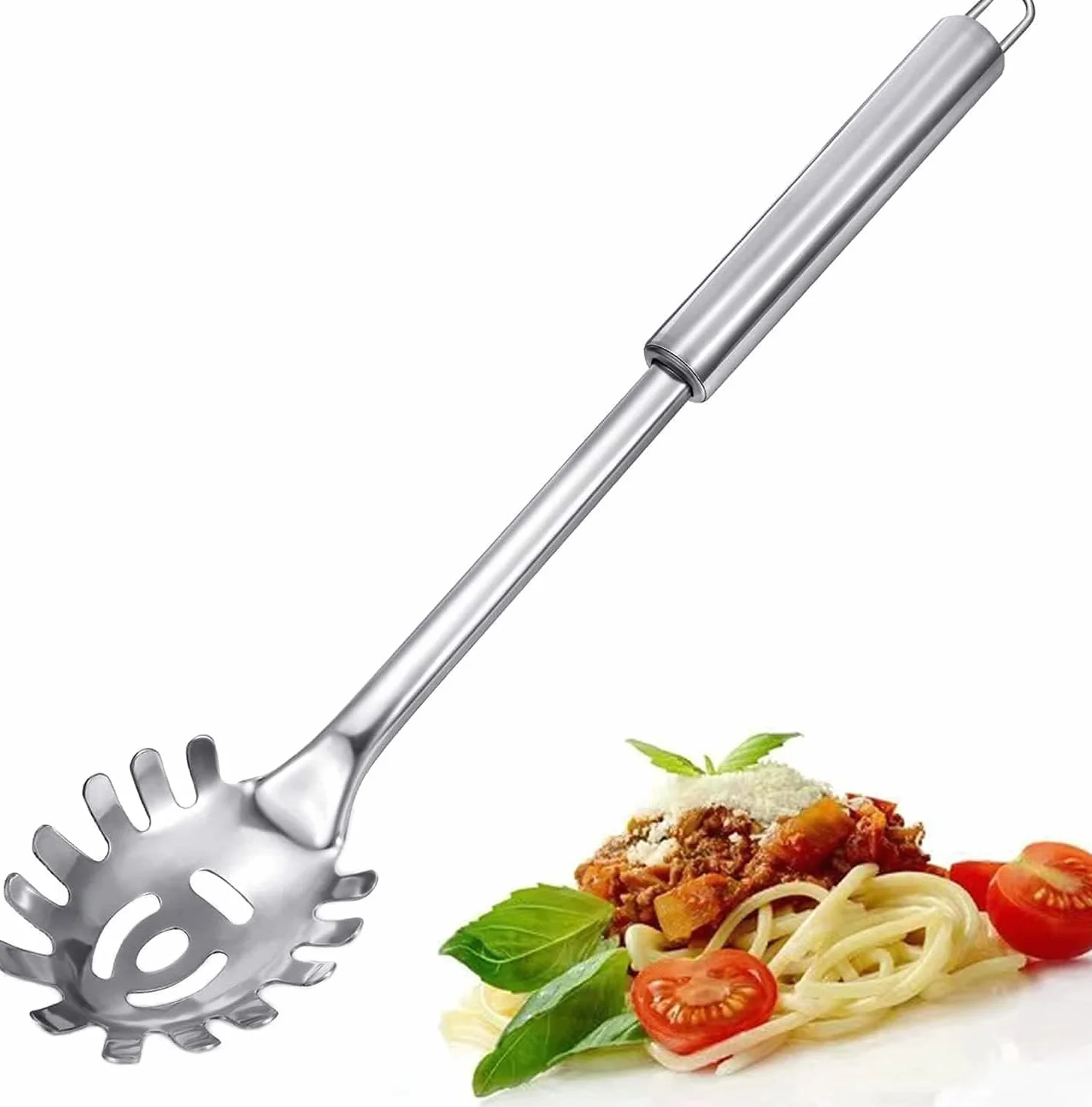 Cuchara de espagueti, cuchara de pasta, cortador de espaguetis, servidor de pasta de acero inoxidable duradero, servidor de tenedor de pasta, resistente al calor, 30 cm