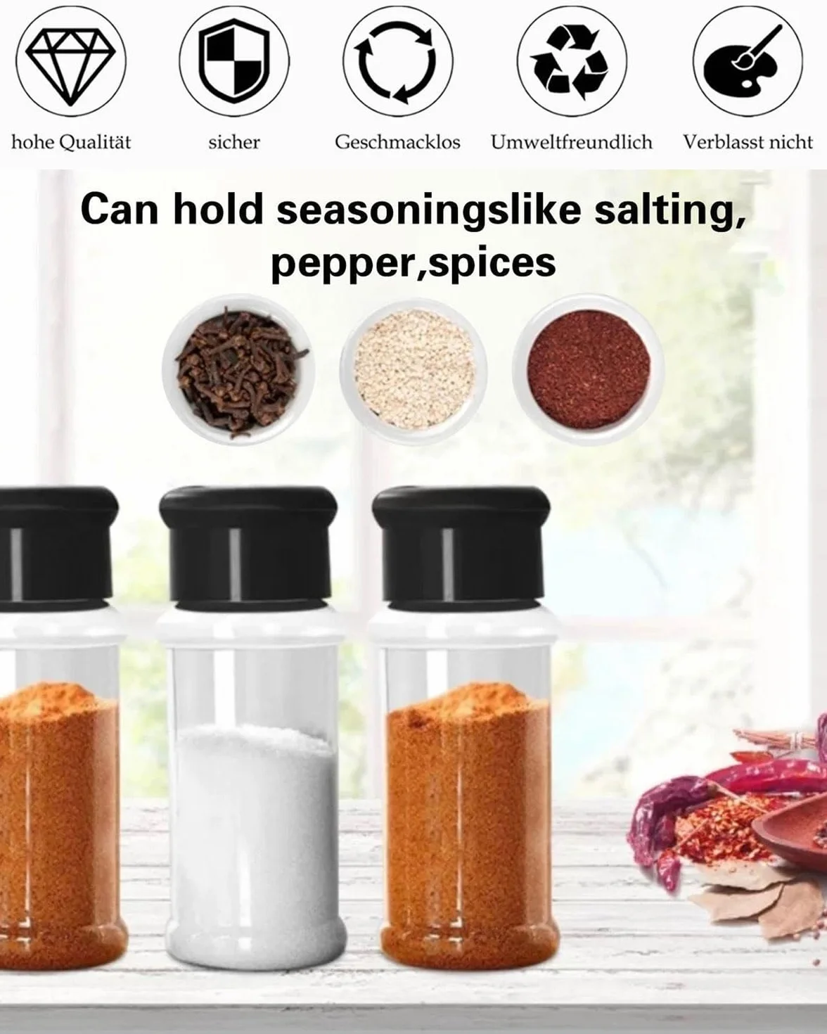 6 piezas tarros vacíos de plástico para especias con tapas agitadoras, recipientes de condimentos de 100 ml, botellas redondas vacías de especias para almacenamiento, botellas transparentes
