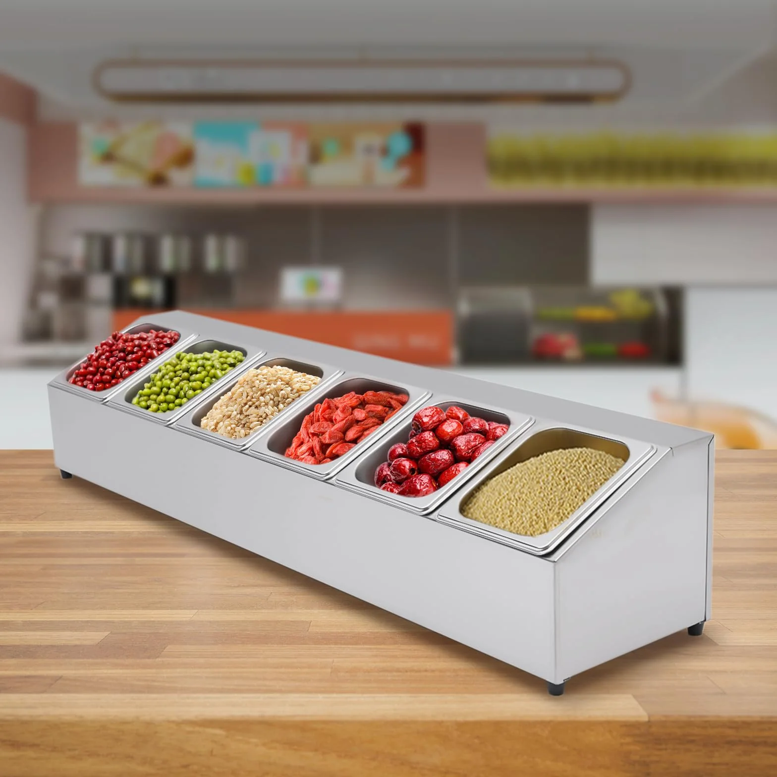 Recipiente de acero inoxidable para ingredientes, contenedor de catering con patas de goma, estante para especias con 6 recipientes para alimentos y 6 tapas, recipiente para ingredientes de