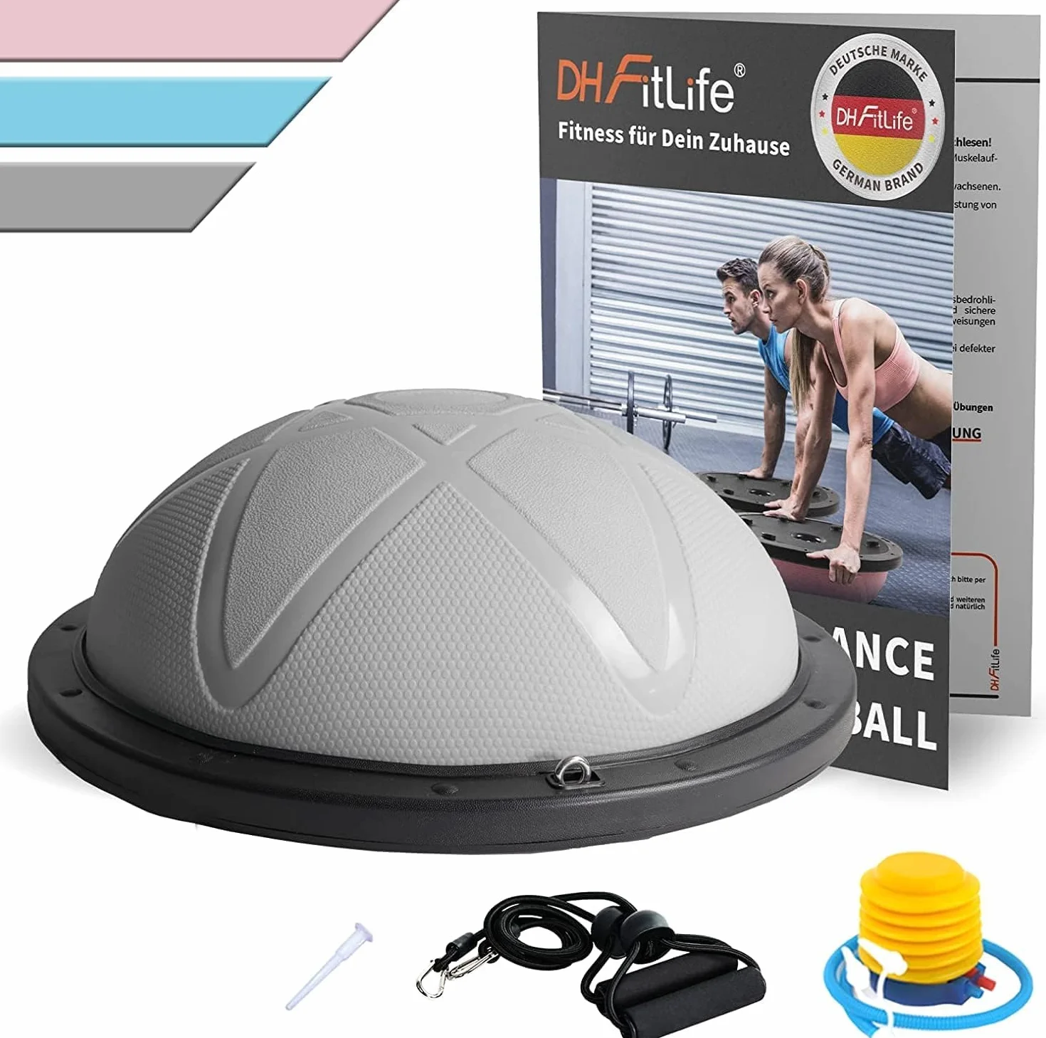 DH FitLife Pelota de equilibrio yoga 60 x 22 cm 200 kg media pelota de gimnasia con bomba y bandas