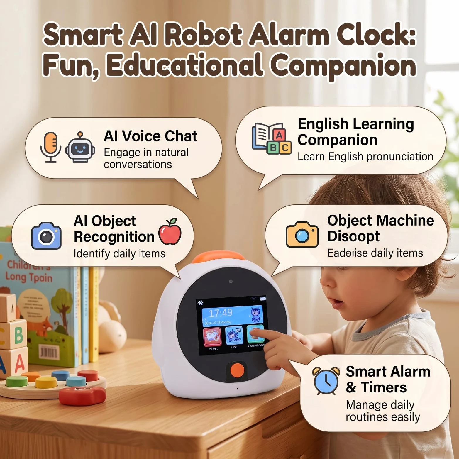Tangxi Reloj Despertador Inteligente con Chat de Voz AI, Pantalla Táctil | Material ABS, Batería de Litio de 1050 MAh, Reconocimiento de Objetos, Traducción Bilingüe, Videollamada, Temporizador de
