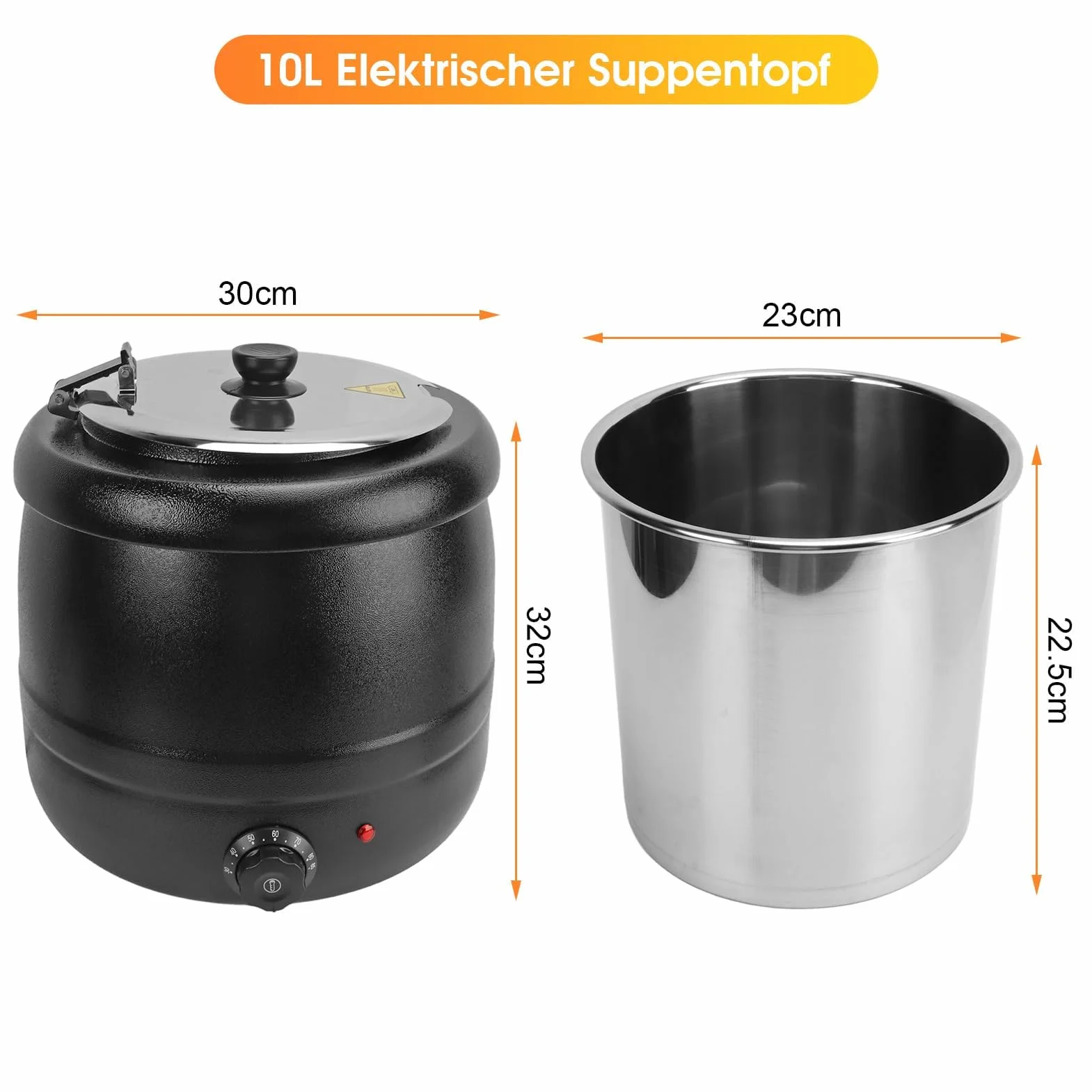 Olla Eléctrica Comercial de Acero Inoxidable, 10 Litros, Calentador para Sopa, Queso y Vino Caliente con Recipiente Extraíble, Control de Temperatura 30-85°C