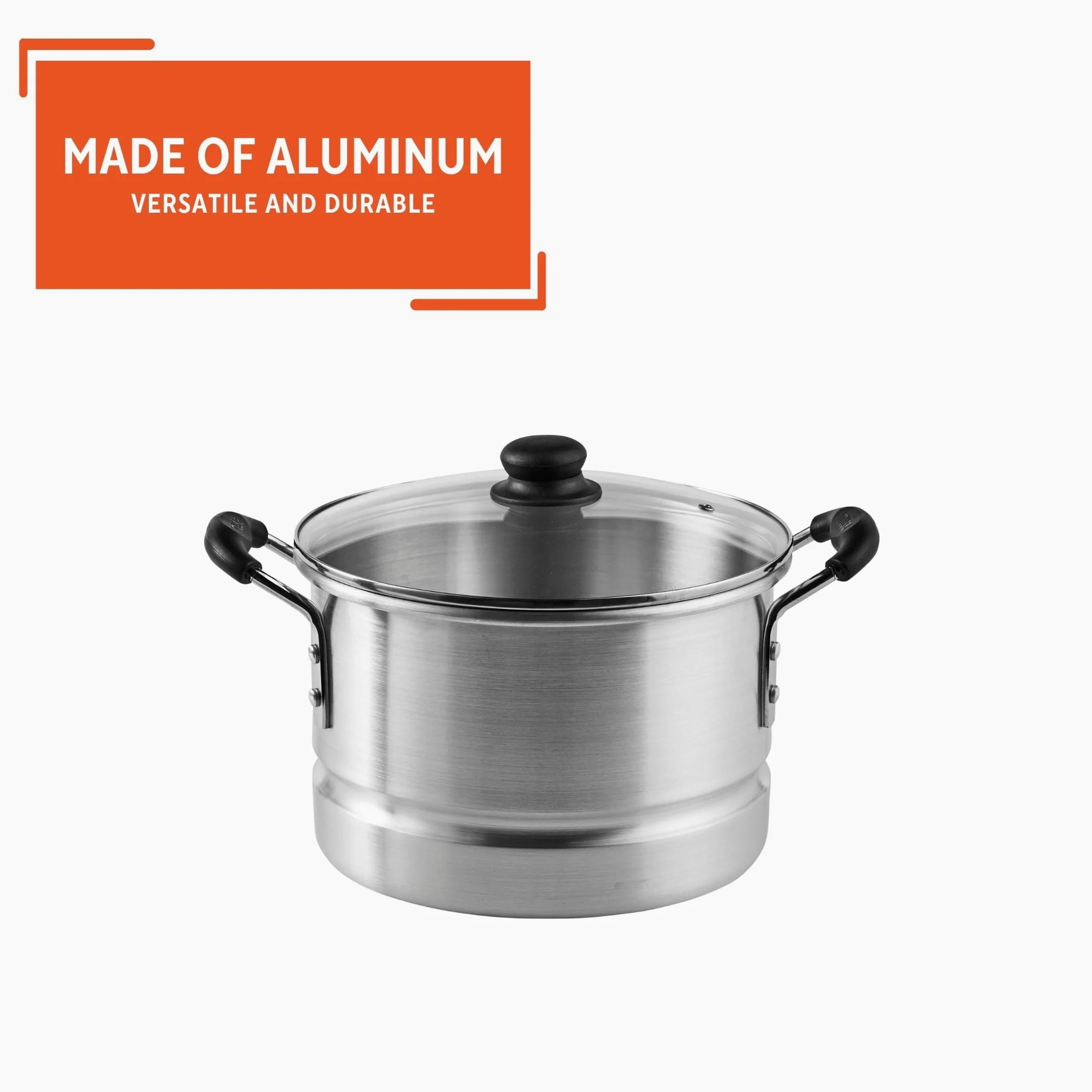 Imusa 10 Quart Aluminio Cool Touch Accesorio para cocinar al Vapor con Tapa de Cristal, Color Plateado