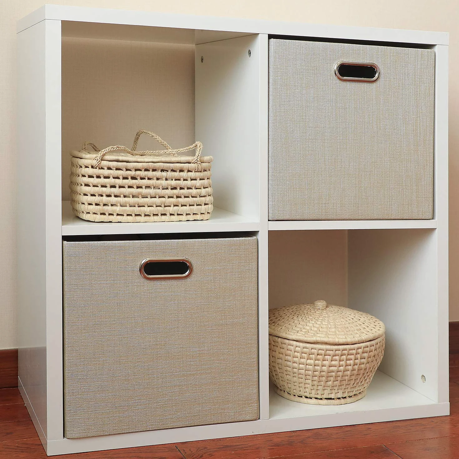 Posprica Contenedores de almacenamiento plegables, cubos de almacenamiento de 13 x 13 pulgadas, contenedores para estantes, armarios, estanterías, cajones de tela gruesa, juego de 2, color beige