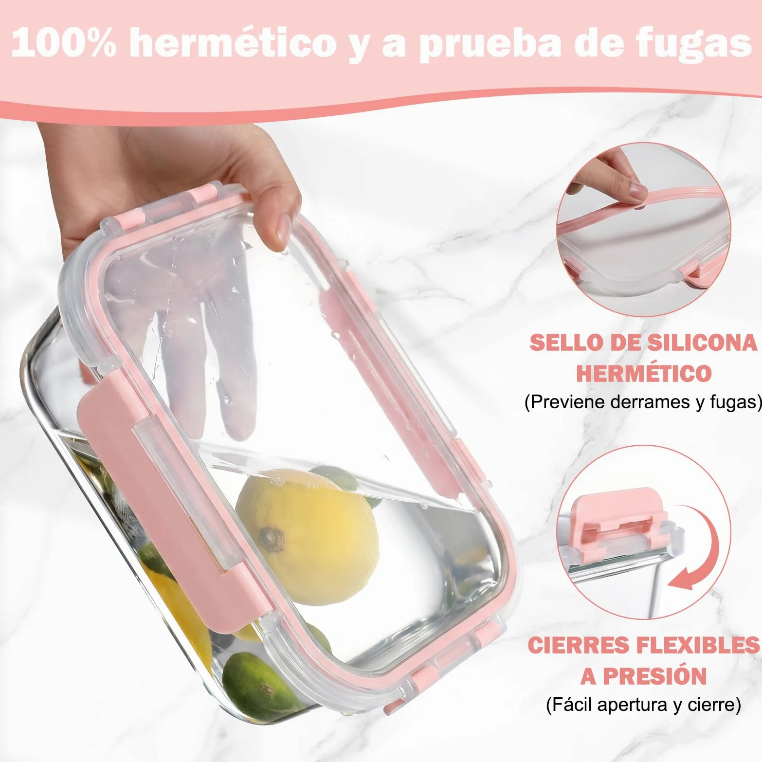 YASHE 10 Piezas Recipientes de Vidrio con Tapas Herméticas, Reutilizables, Apto para Microondas, Horno, Congelador y Lavavajillas, Sin BPA, Fiambrera Cristal, Rosa
