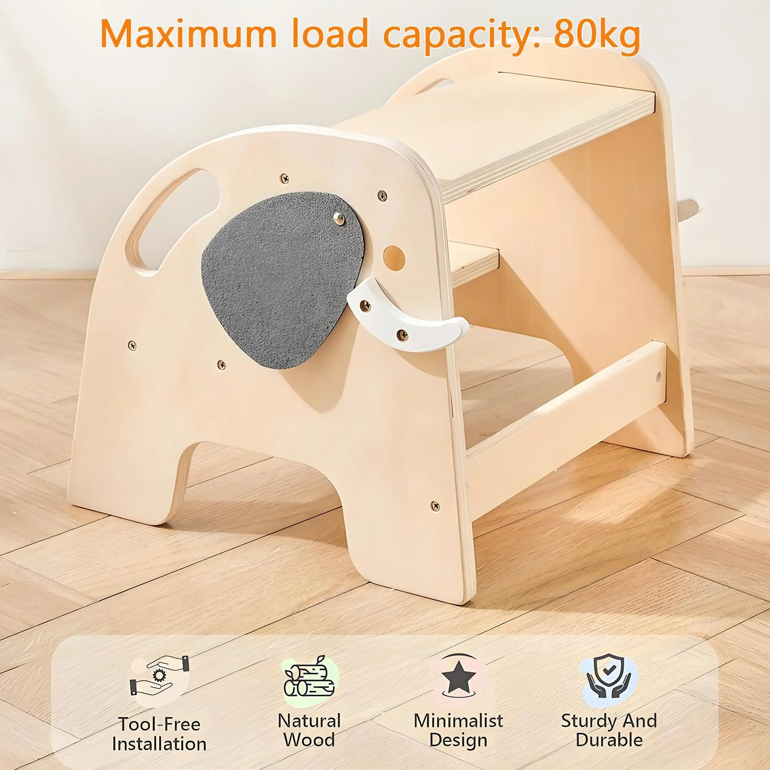 Taburete de Madera 2 Escalones para Niños 80 kg Reposapiés Antideslizante Infantil Baño
