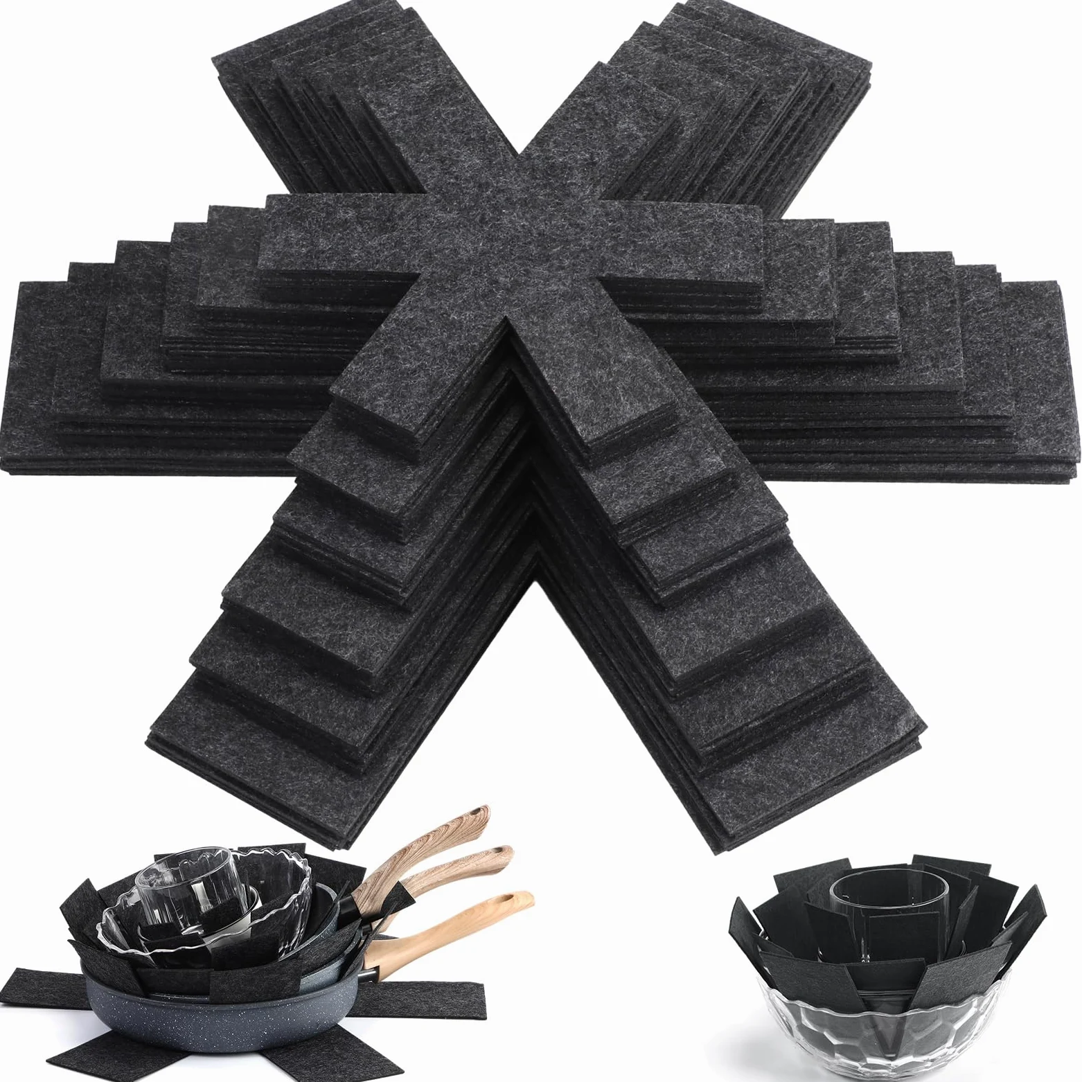 Queekay 60 protectores de ollas y sartenes, 6 tamaños diferentes, protectores de utensilios de cocina, separadores de ollas, almohadillas separadoras apilables para proteger y separar sartenes (negro)