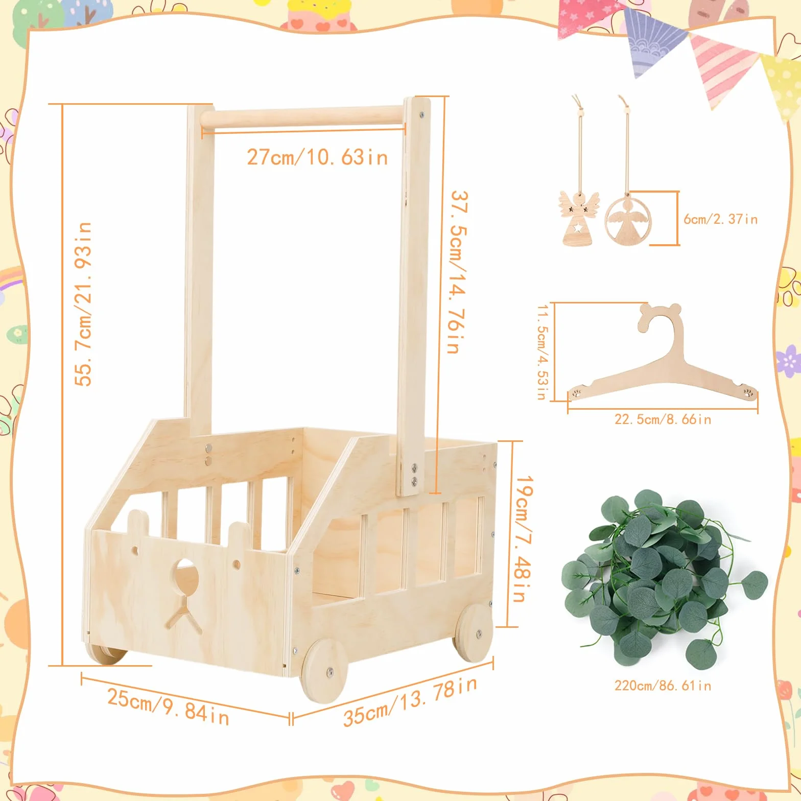 Cesta Madera Baby Shower Regalo Bebé Recién Nacido Niño Niña Armario Bebe Regalos para Baby Shower Bañera para Bebé con Ruedas Vacia Cesta de Madera con Hojas Decorativas Etiqueta de ángel y Perchero