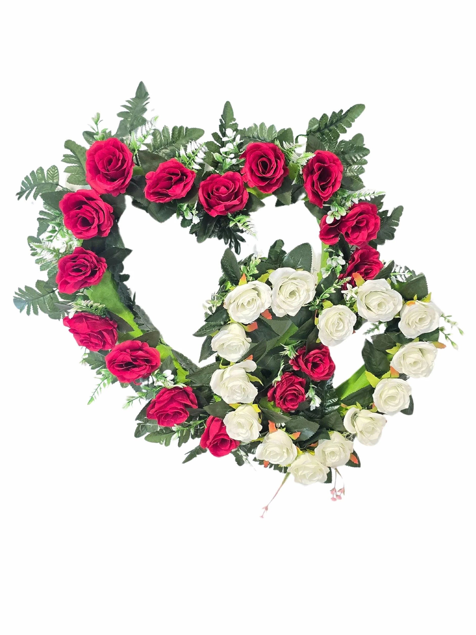 Corazon Doble de Rosas Blancas y Rojas Centro de Flores Artificiales Cementerio, Iglesia Bodas sepulturas 60x50x12