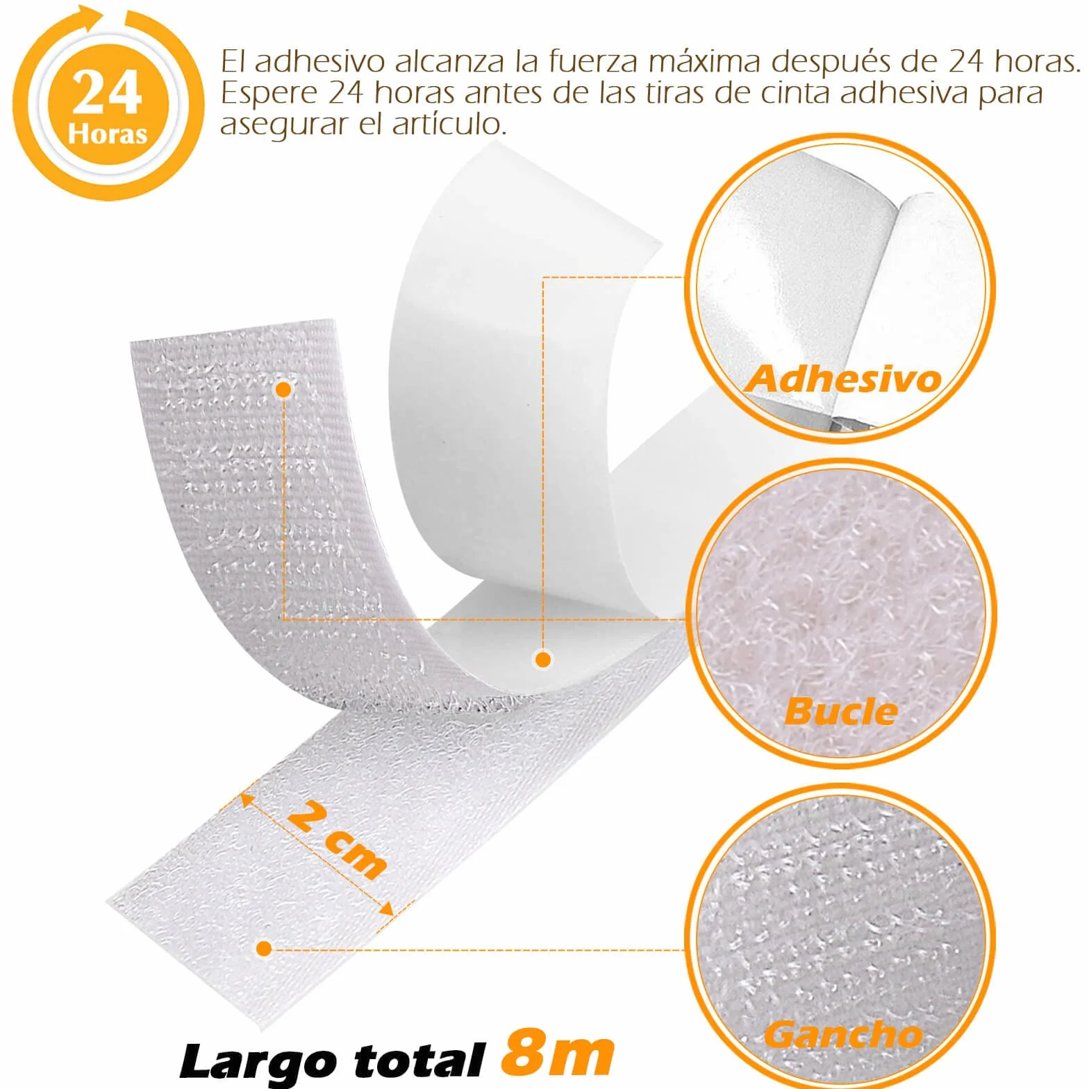Blooven 8 Metros 20 mm Auto Adhesivo Cinta Rollo Hook y Loop Tape Gancho y Cinta de Lazo (20 mm x 8 m, Blanco)