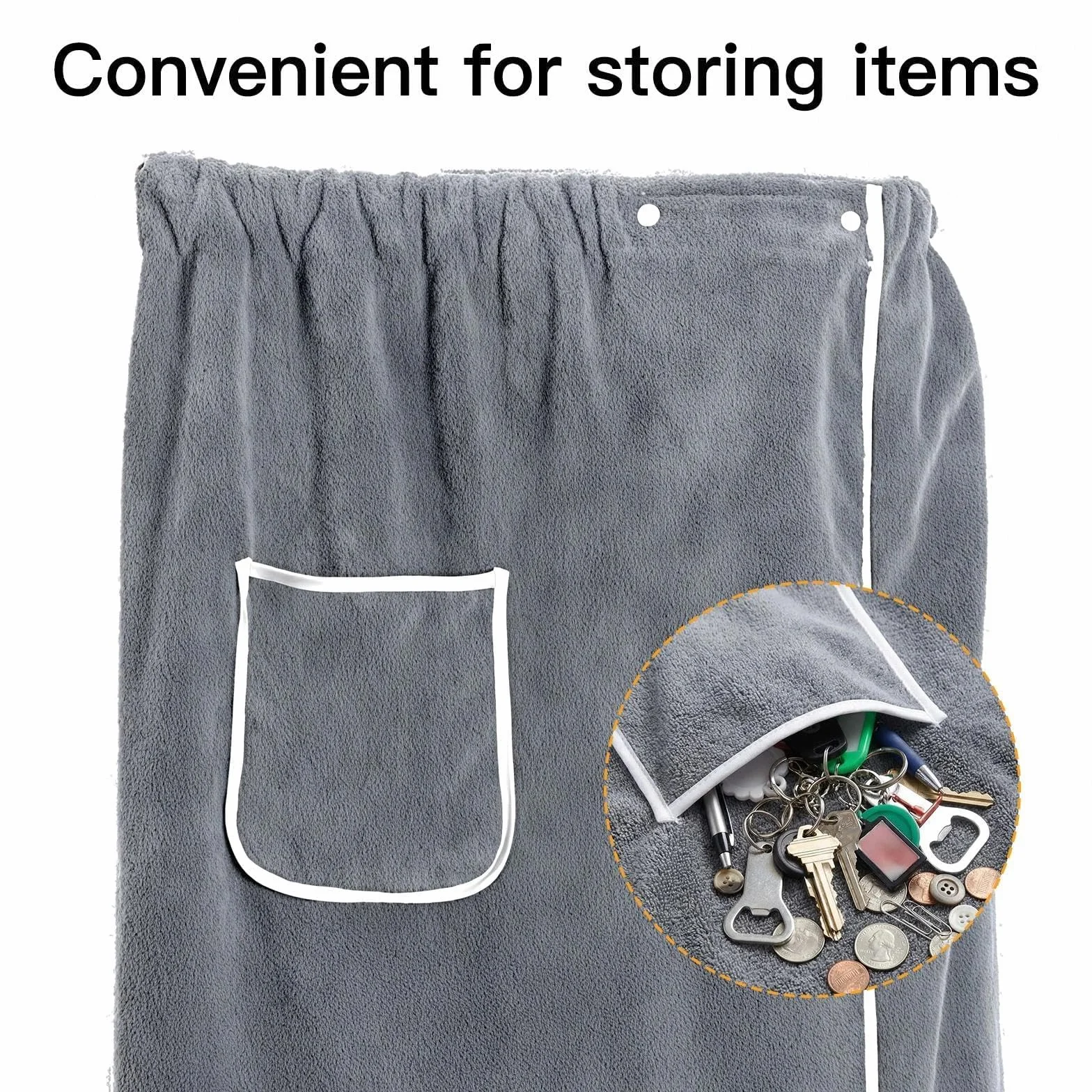 Kilt de Sauna para Hombre con Bolsillo, Toalla de Baño Elástica y Ajustable con Botones, 65 x 140 cm - Suave Felpa para SPA, Gimnasio, Ducha, Playa y Hogar, Color Gris