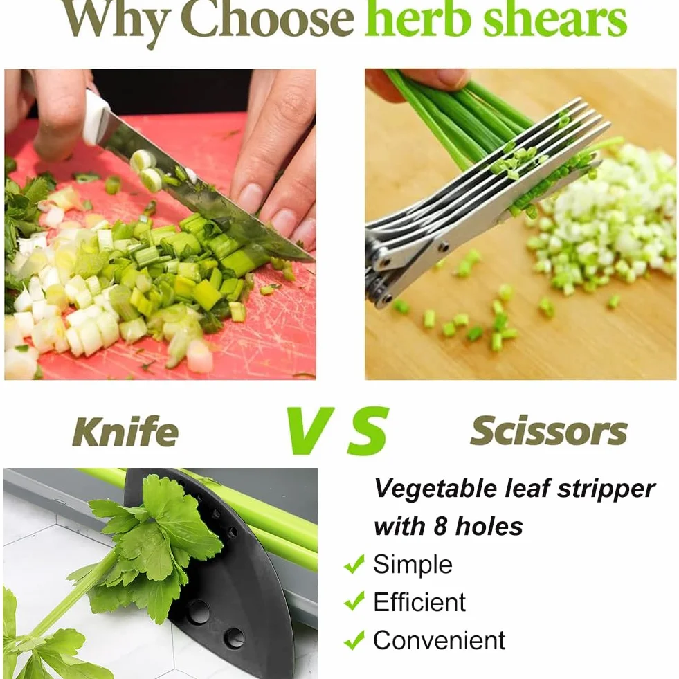 Tijeras para hierbas, tijeras de cocina de 5 cuchillas de acero inoxidable, tijeras de especias cebolletas con tapa de seguridad y peine de limpieza para hierbas aromáticas, cebolletas, negro rojo