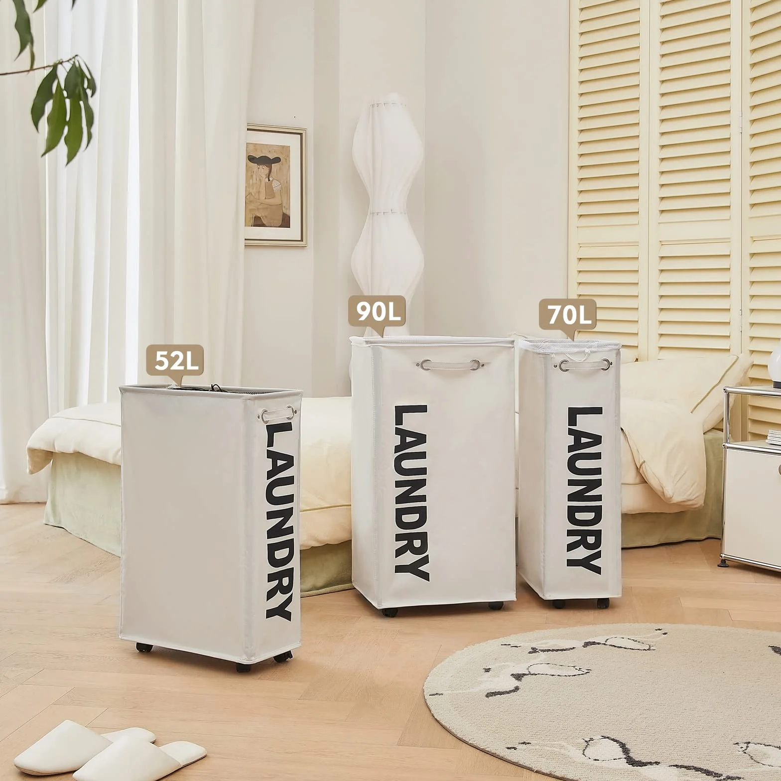 DOKEHOM 25-Inch Slim Cesta de Lavandería con Ruedas, Cesto Colapsable, Almacenamiento Esquina Beige