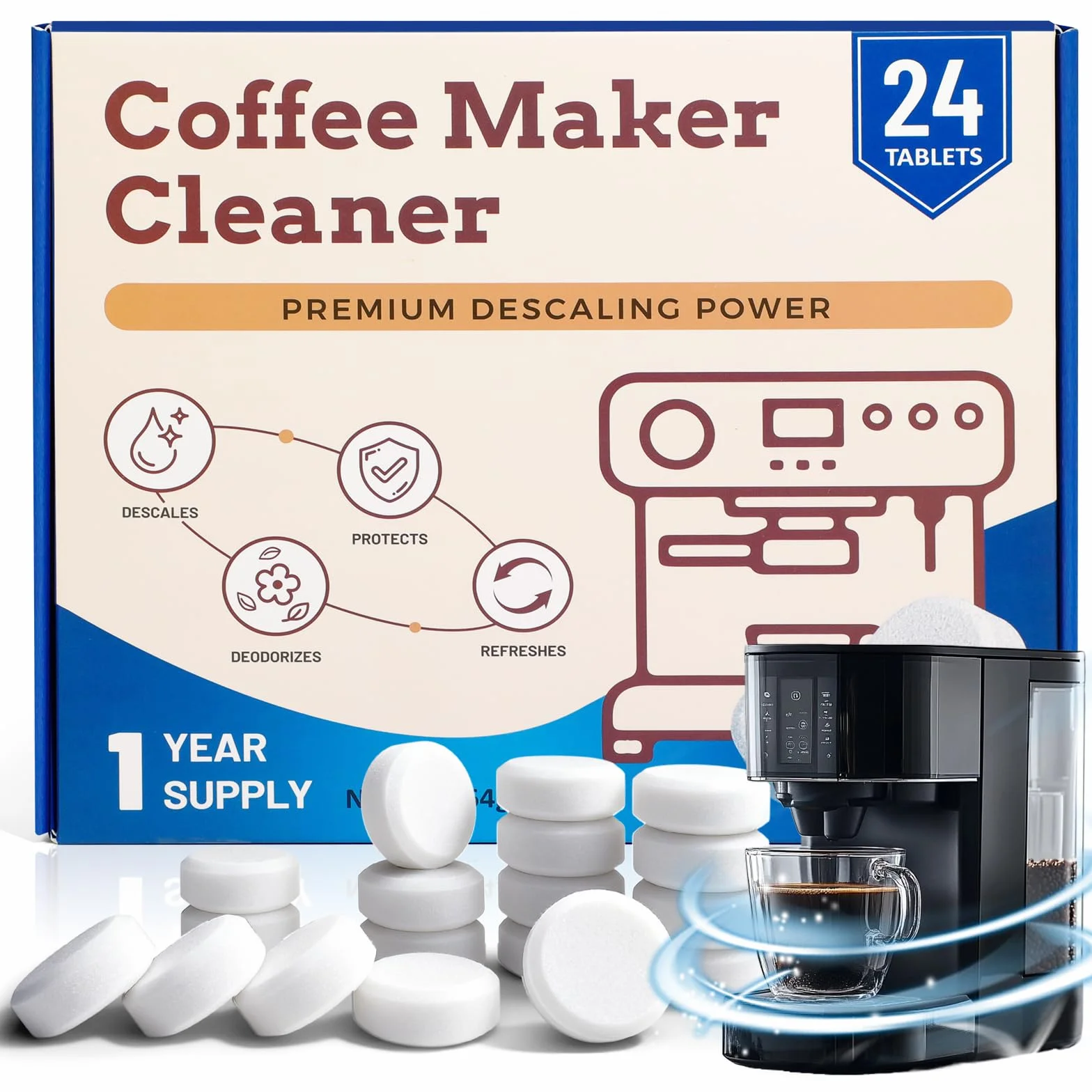 SCENTORINI Pastillas de Limpieza Para Cafeteras Automáticas 24 Unidades– Apto Para Todas Máquinas de Café con Depósito De Agua, Compatible Con Siemens, Jura, Delonghi, Bosch, Melitta, WMF, Miele