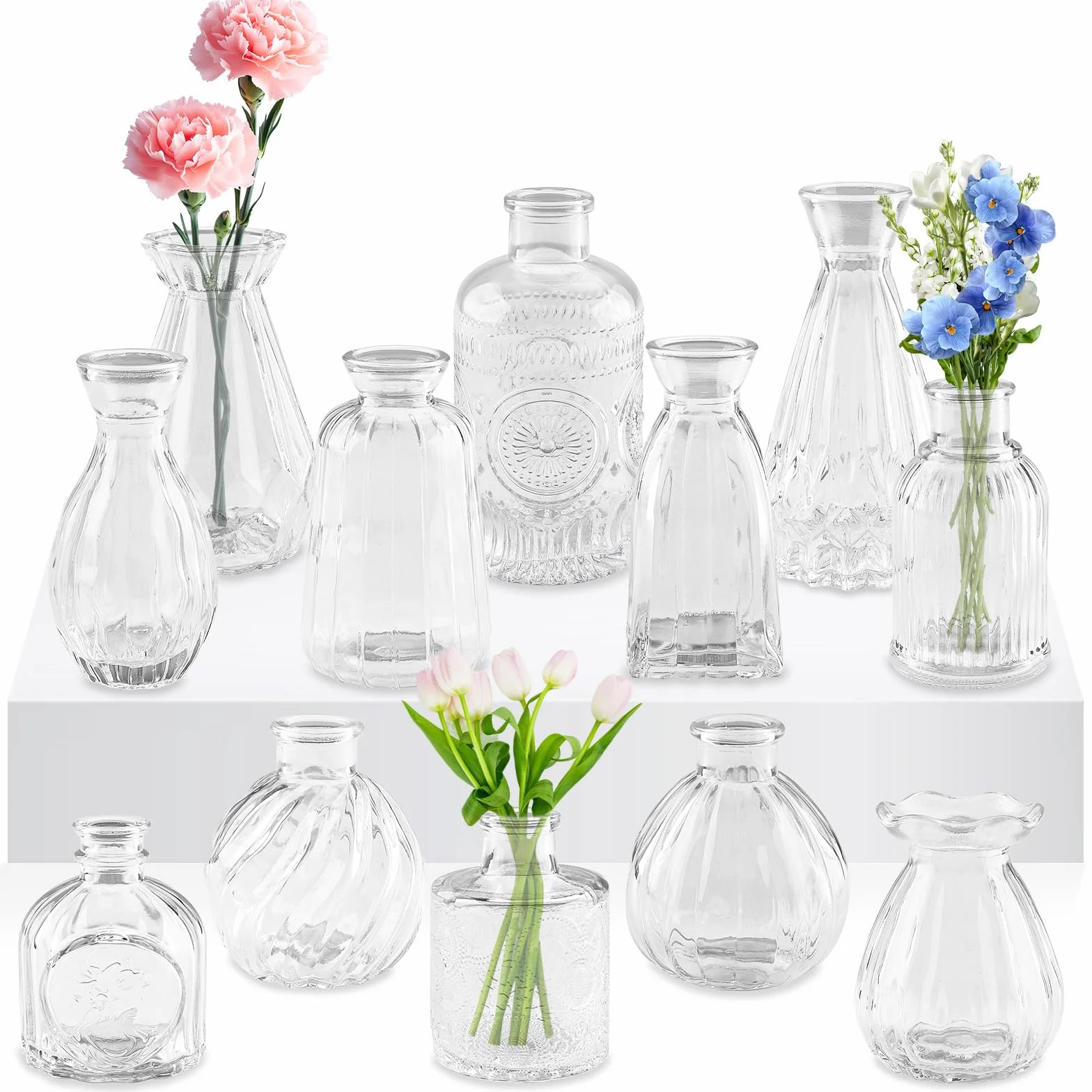 12 Jarrones de Cristal Pequeños, Mini Jarrones Decorativos Modernos Transparente en Varios Tamaños, Juego de Jarron Decoración del Hogar, Florero para Boda Sala de Estar Centro De Mesa Fiesta