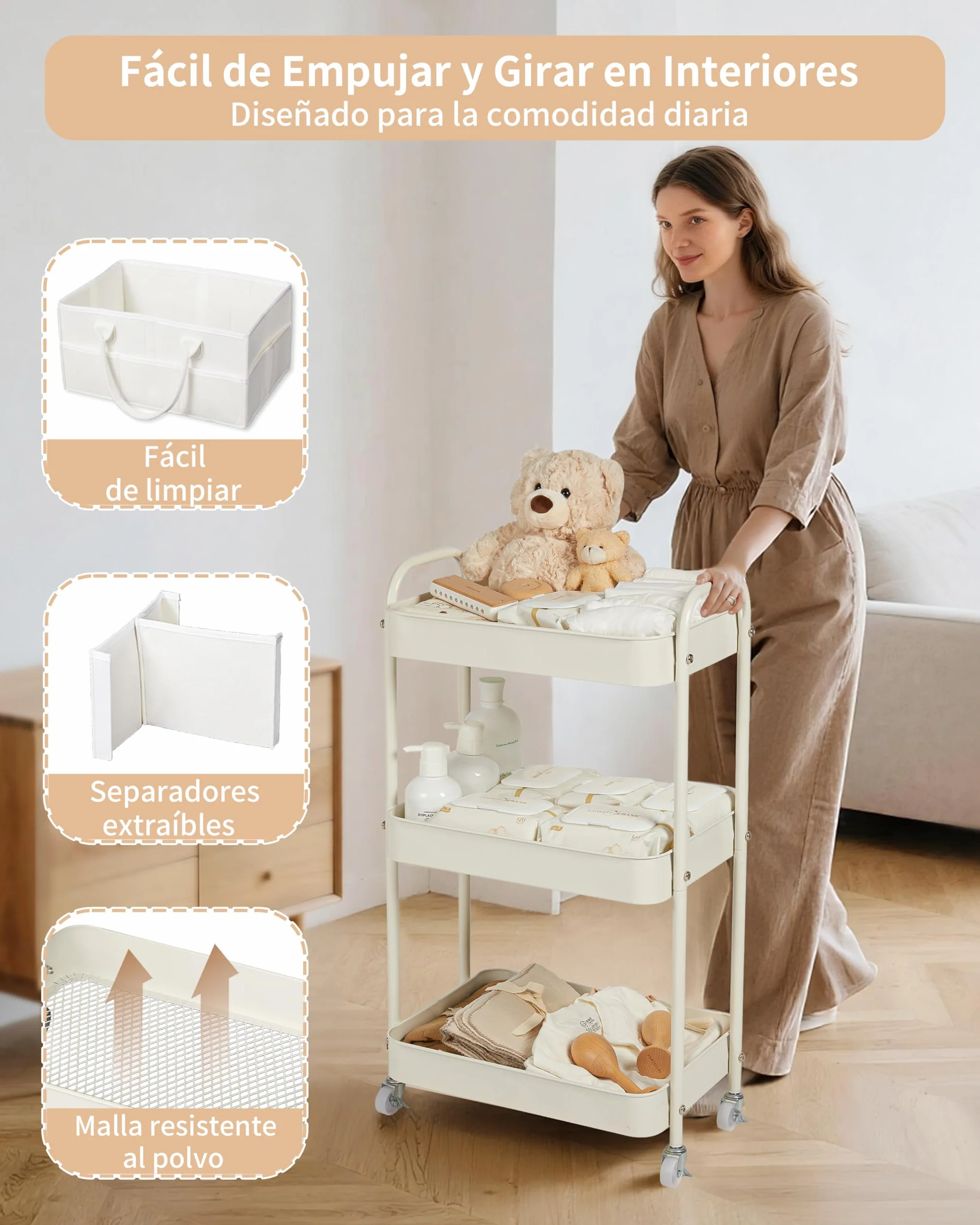 Fortella Carrito Auxiliar 3 Niveles, Cesta Bebe Recien Nacido Fieltro Portátil, Almacenamiento Hogar, Organizador Pañales, Multifuncional Carrito Cocina Baño (Beige)
