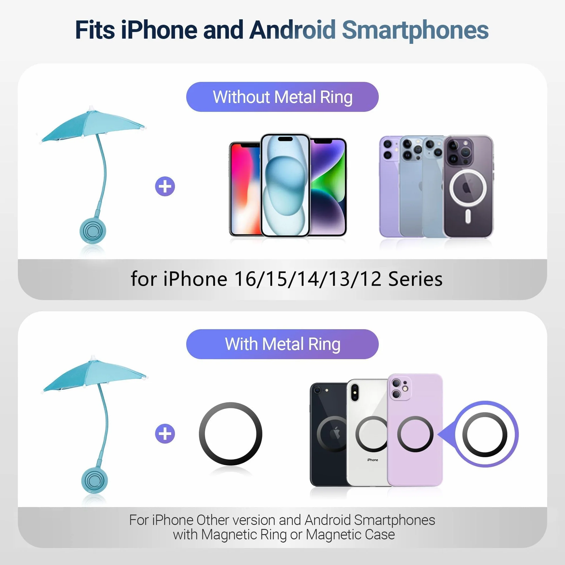 Paraguas magnético para teléfono parasol ángulo flexible anillo giratorio iPhone 16 15 14 13 12 Pro Max