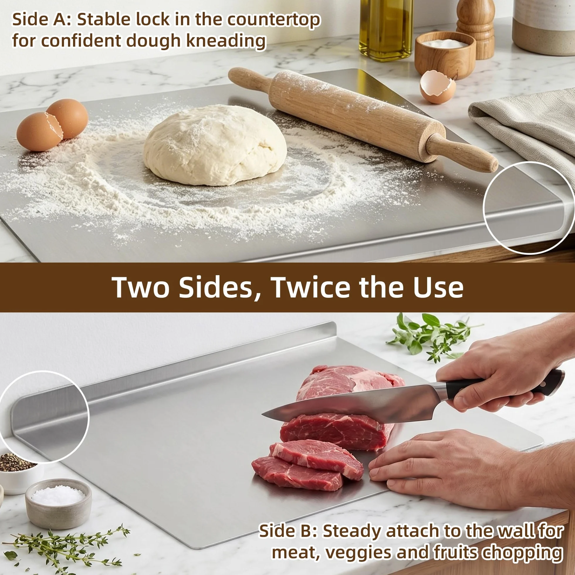Tabla de cortar acero inoxidable 40x30 cm para cocina, amasar pasteles, carne, verduras