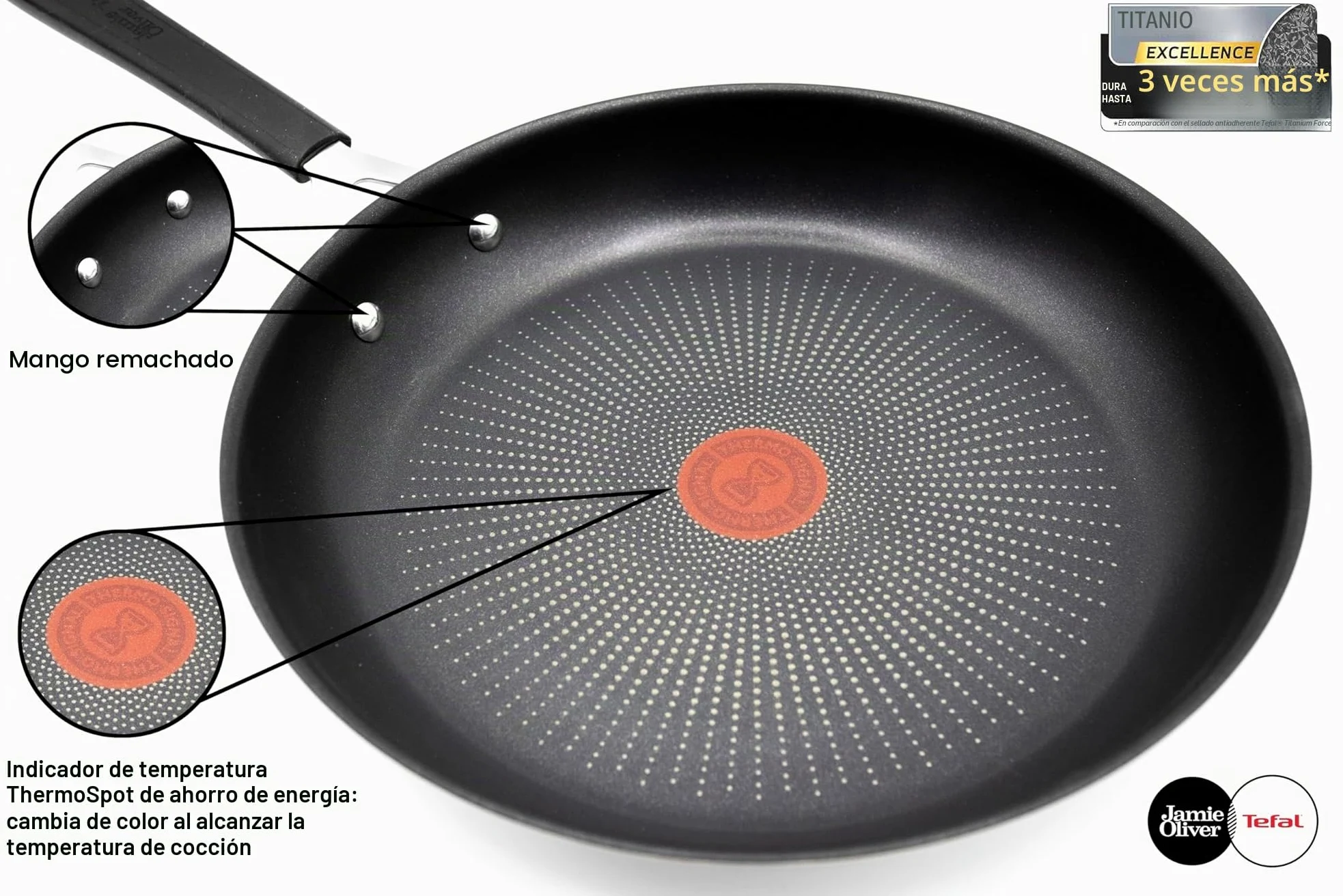 Tefal Jamie Oliver Wok 28 cm inducción, wok de acero inoxidable grande, antiadherente, borde alto, apto para horno, mango remachado, E30