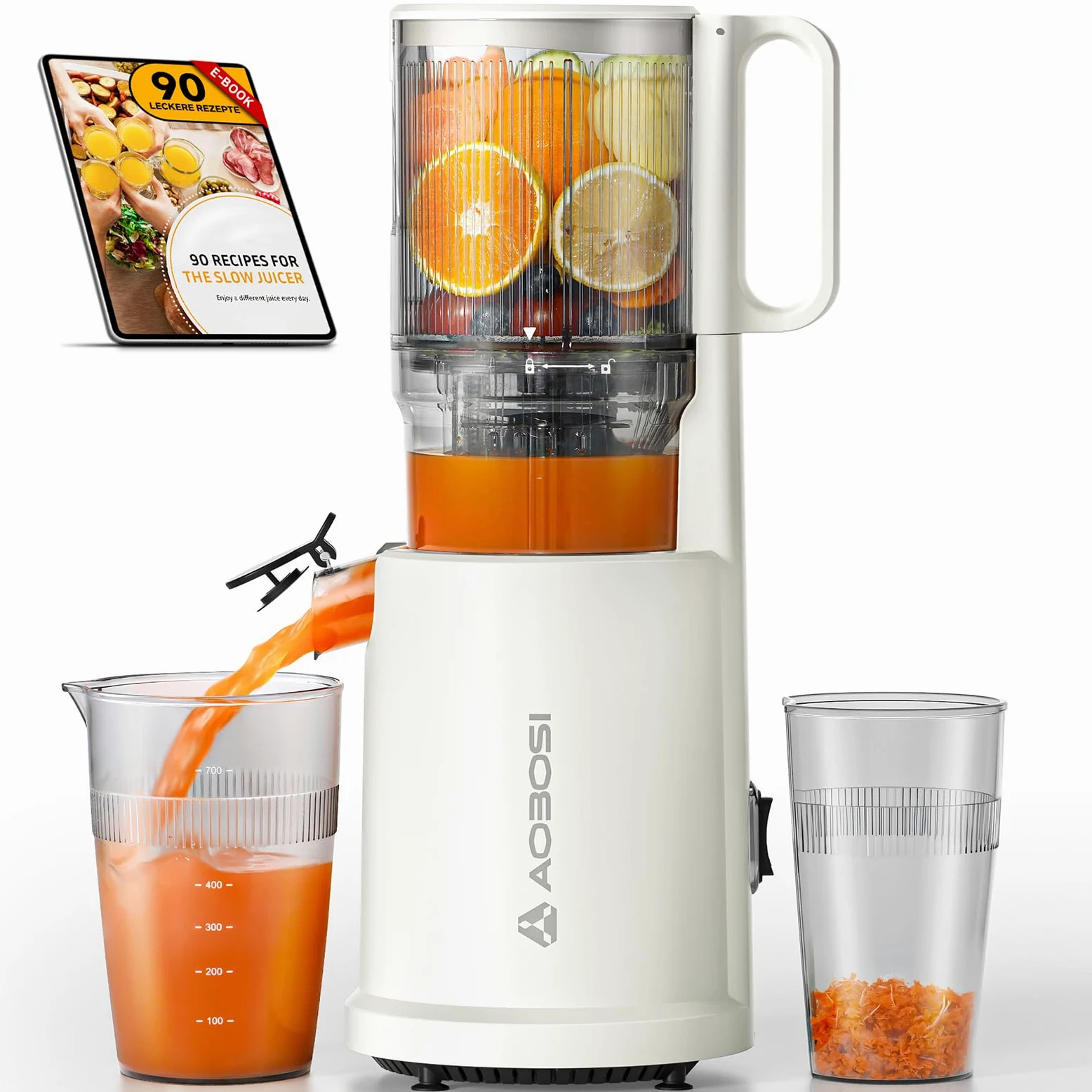 AOBOSI Extractor De Zumos Y Verduras – Boca XXL de 135 mm para Frutas y Verduras Enteras – 1.5 L, 200 W, Extractor de jugos Cold Press Slow Juicer Machine con Sinfín Mejorado