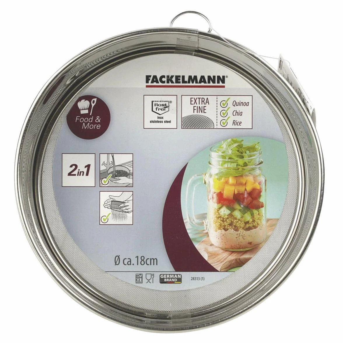 Fackelmann Tamizador, Cedazo Escurridor para Harina, azúcar, cacao, apto para lavar quinoa, acero inoxidable apto para lavavajillas, 18x18x5 cm, 1 ud