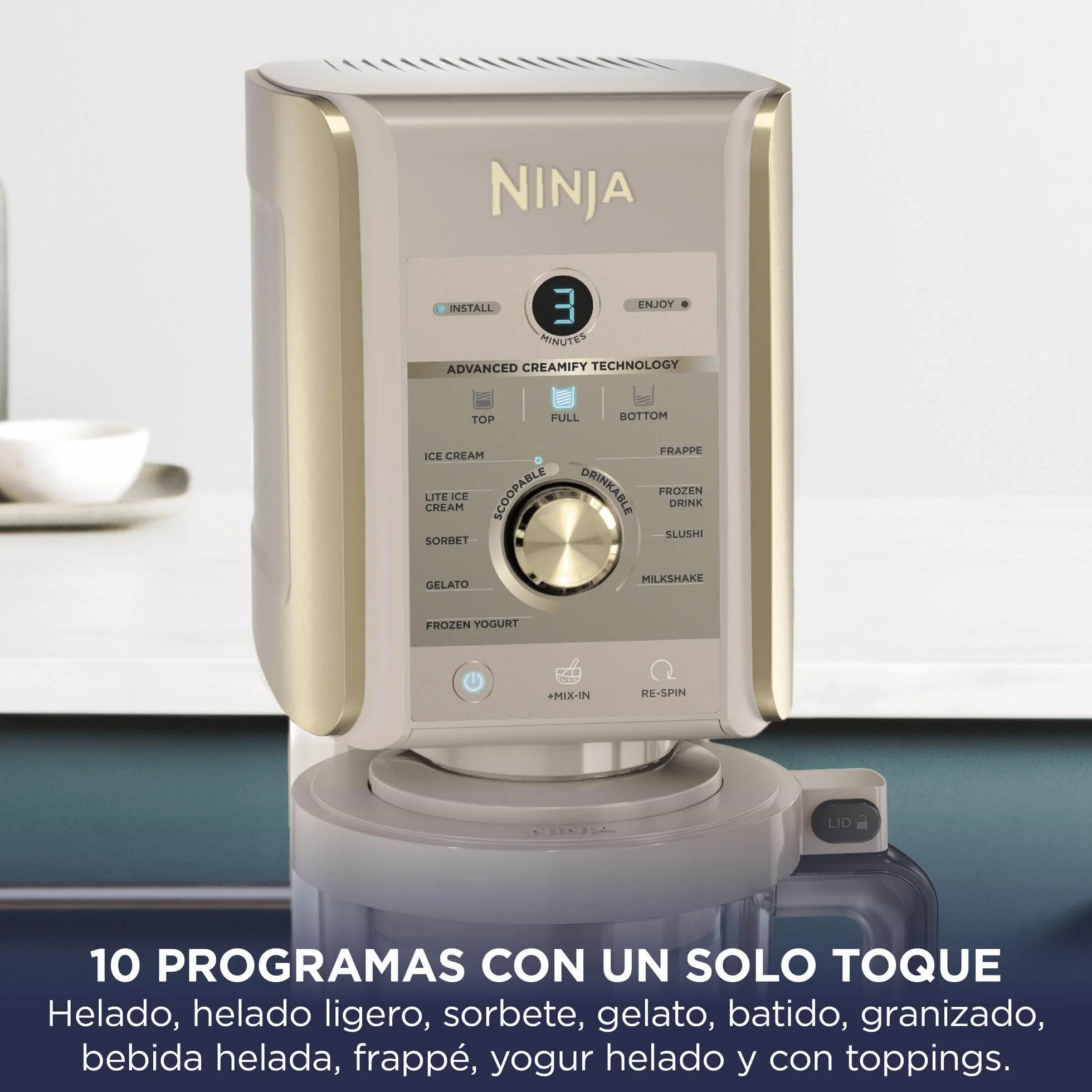 Ninja CREAMi Deluxe Heladera multifunción con 2 tarrinas, 10 programas, prepara Helado, Gelato, Sorbete, Yogur congelado, Batido, Granizado y más, opción de 2 sabores en 1, piedra dorada, NC502EUSTGD