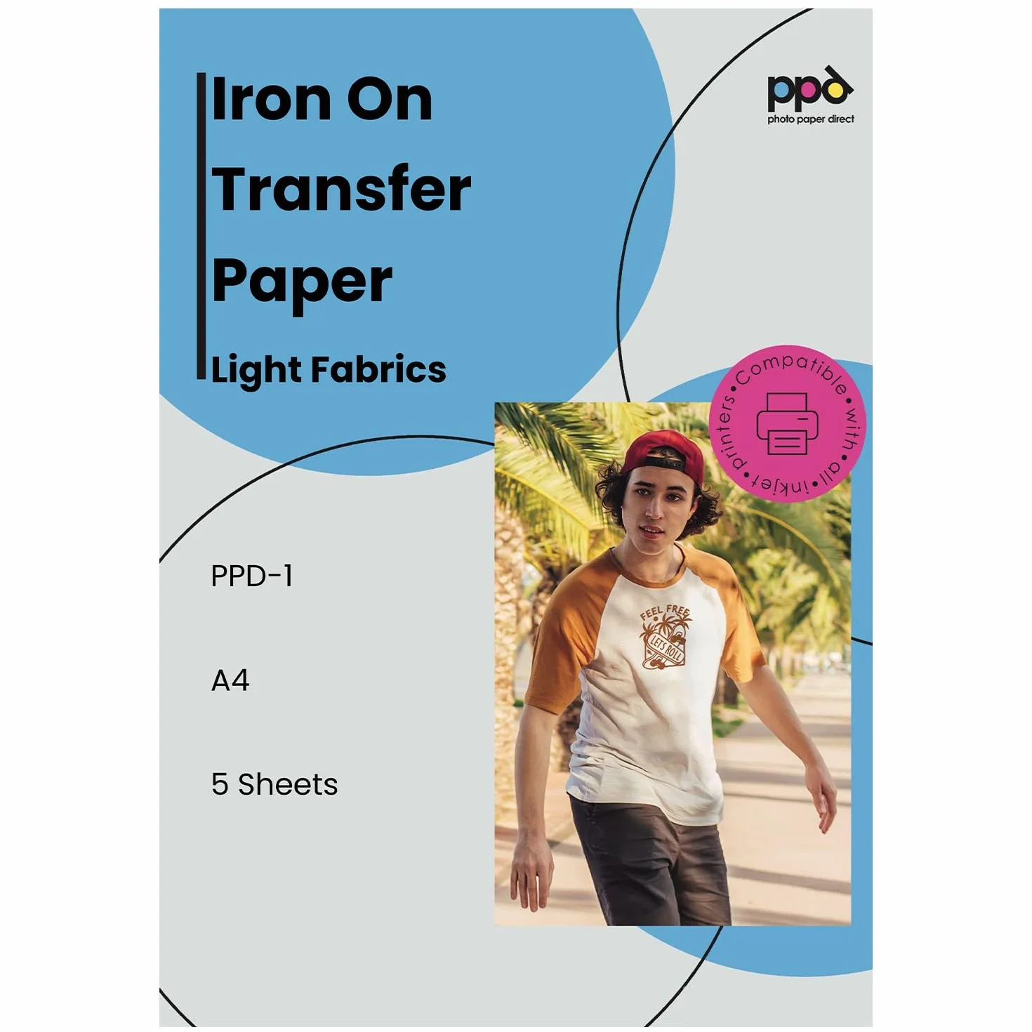 PPD A4 x 5 Hojas de Papel de Transferencia Térmica Para Camisetas, Mascarillas y Tejidos Claros - Para Impresora de Inyección de Tinta Inkjet - PPD-1-5