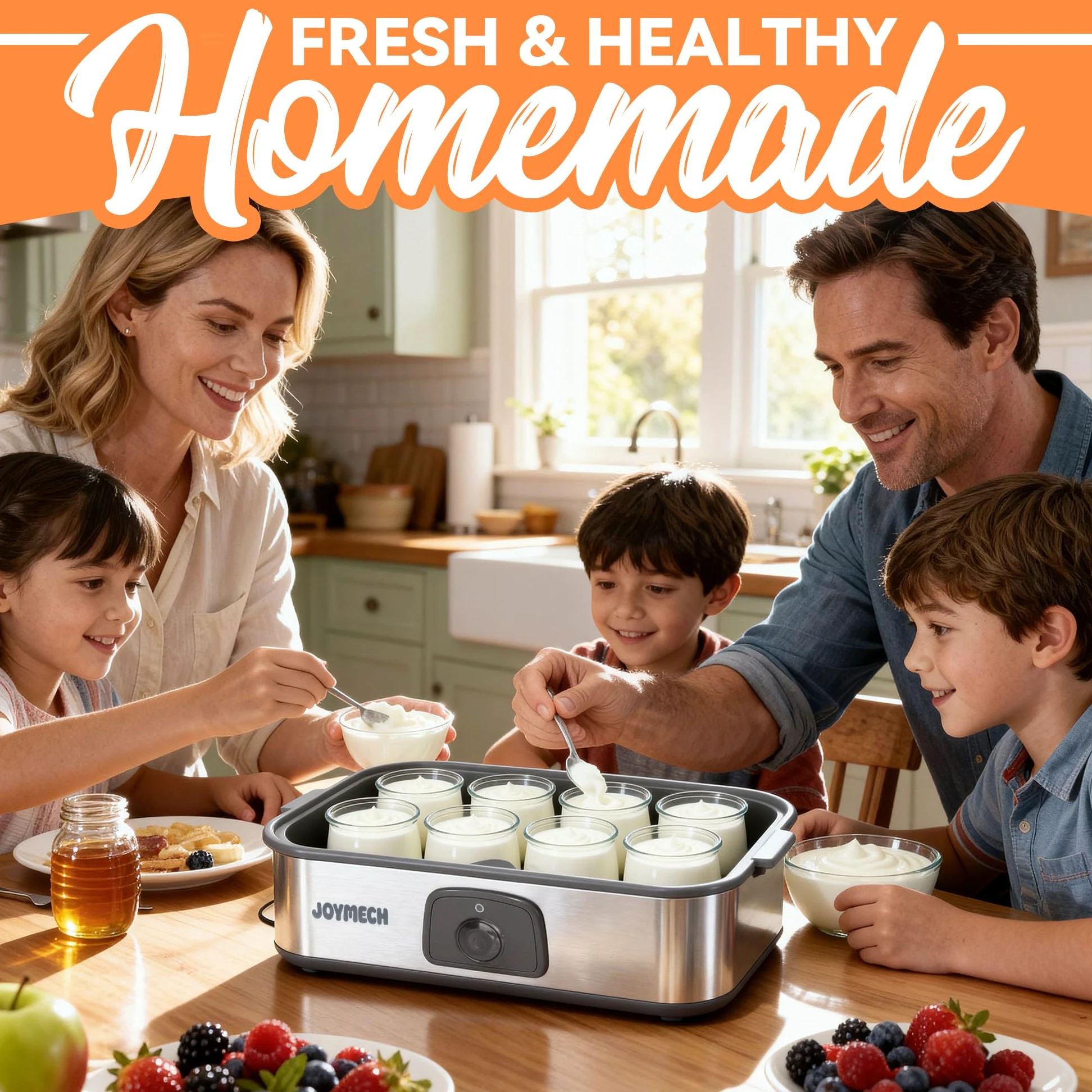 JoyMech Máquina para hacer yogurt, 8 tarros de vidrio con tapas reutilizables para yogur, avena, pudín o gelatina, marcial de grado alimenticio, control de un solo toque, yogur casero