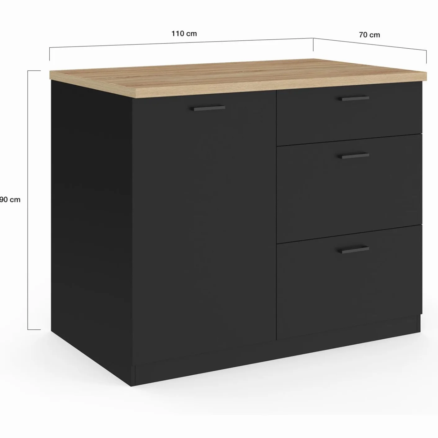 IDMarket - Isla central TIBO 110 cm de extensión frontal con 3 cajones de madera negra con encimera en imitación de madera de haya