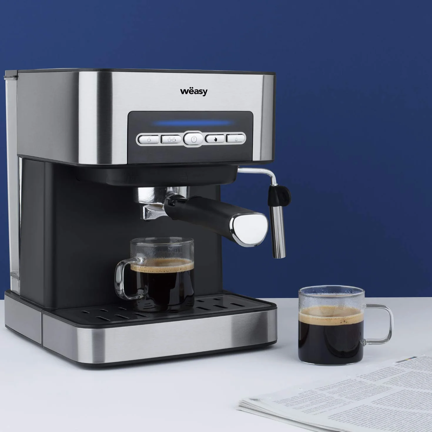 KFX32 Maquina de Café Espresso Programable, 15 Tazas, Depósito de 1.6 litros, Presión Bomba 20 Bares, Brazo Doble Salida, Vaporizador, Superficie Calientatazas, Acero Inoxidable, Plata