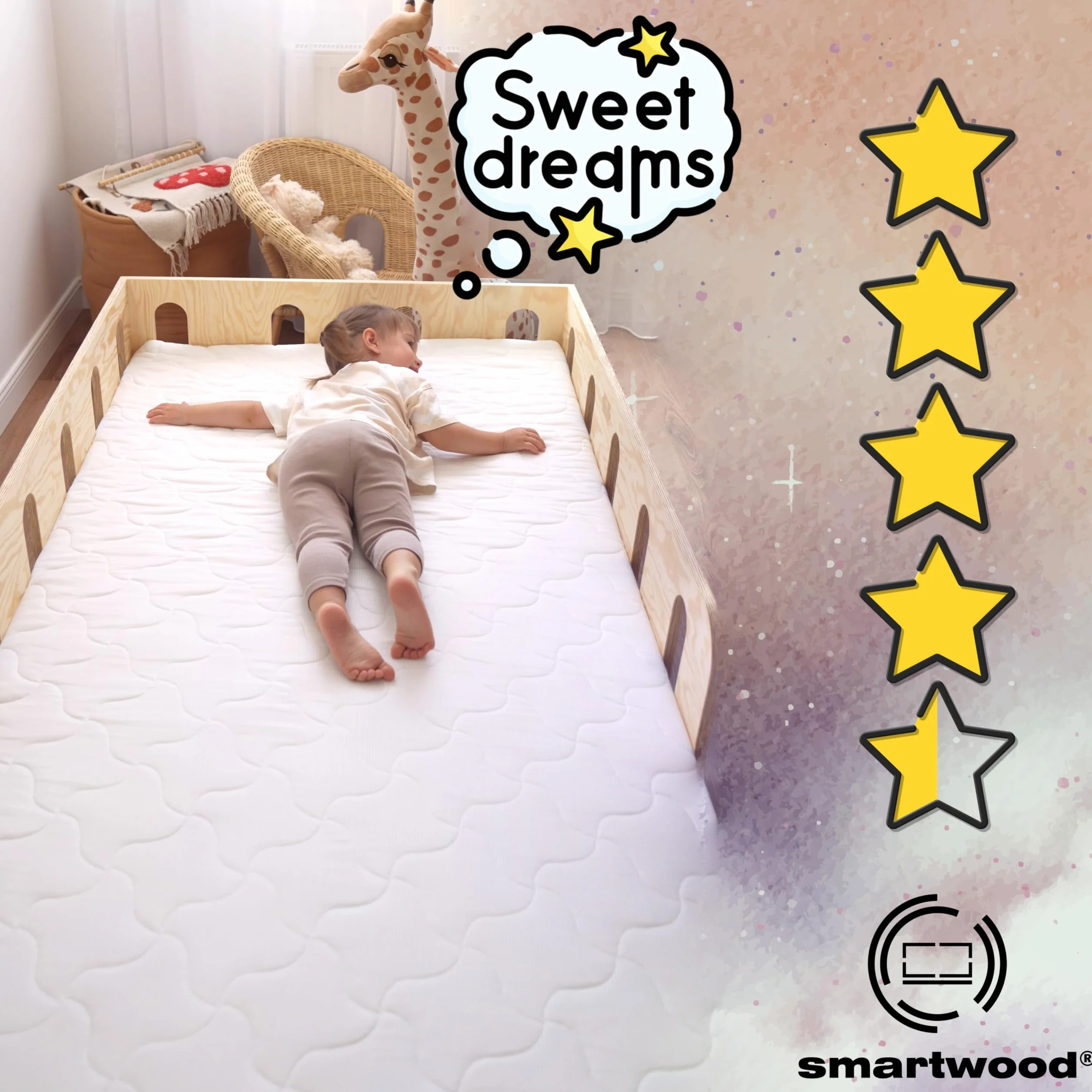 smartwood Colchón 80x140 9 cm Infantil - Colchon Espuma H2 - Certificación Oeko-Tex - Reversible – Funda Transpirable Antialérgica Lavable | Made in UE