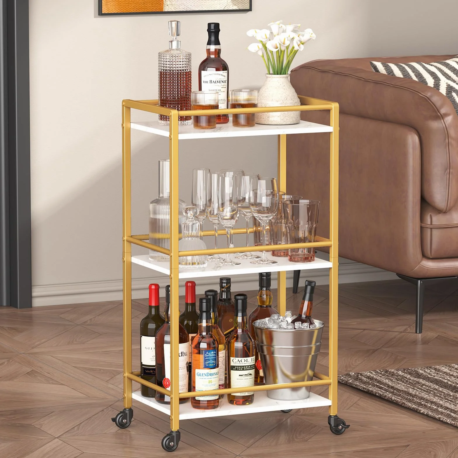 Lifewit Carrito de Cocina, Carrito Auxiliar de 3 Niveles, Carrito de Servicio de Té con Ruedas con Bloqueo para Cocina, Comedor o Sala de Estar, 43.2 x 30 x 81.5 cm, Dorado