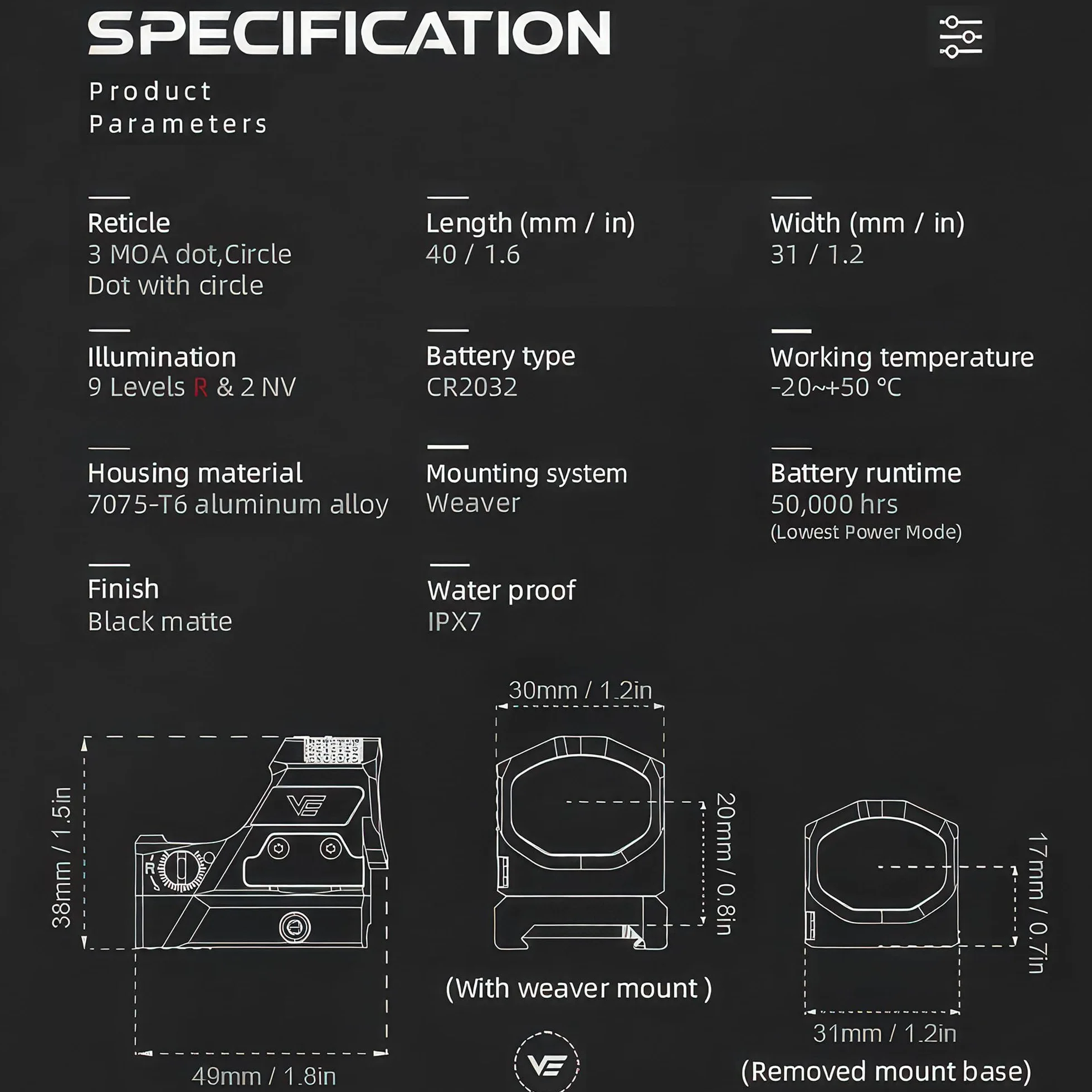 Vector Optics Frenzy-X 1x19x26 Red Dot Sight Picatinny Solar Multi-Reticle