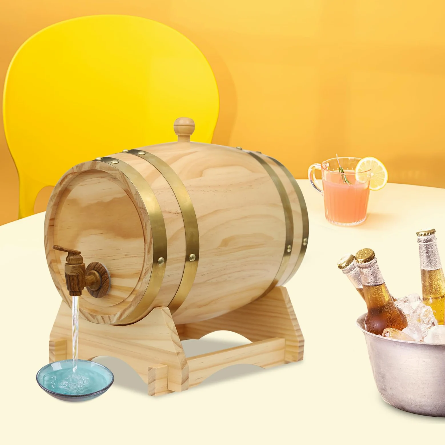 Barril de vino de 5 l, madera de pino con grifo, soporte para whisky, 30 x 28,5 cm, efecto madera, 5 l, madera de pino con grifo, soporte para vino, whisky, 30 x 28,5 cm, efecto madera