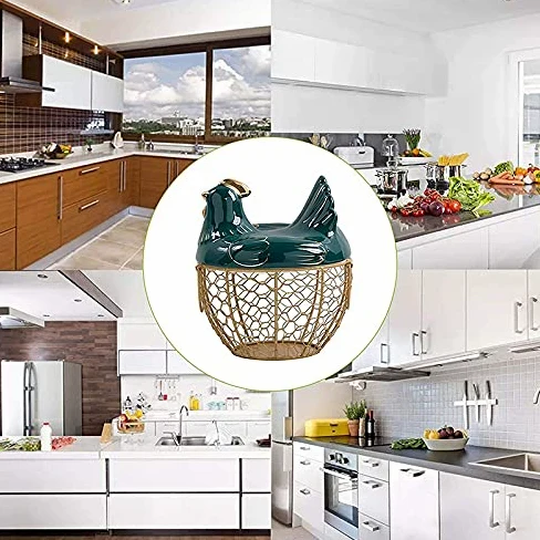 Cesta de almacenamiento de huevos, cesta de alambre de metal con tapa en forma de gallina, soporte de cerámica para 30 huevos