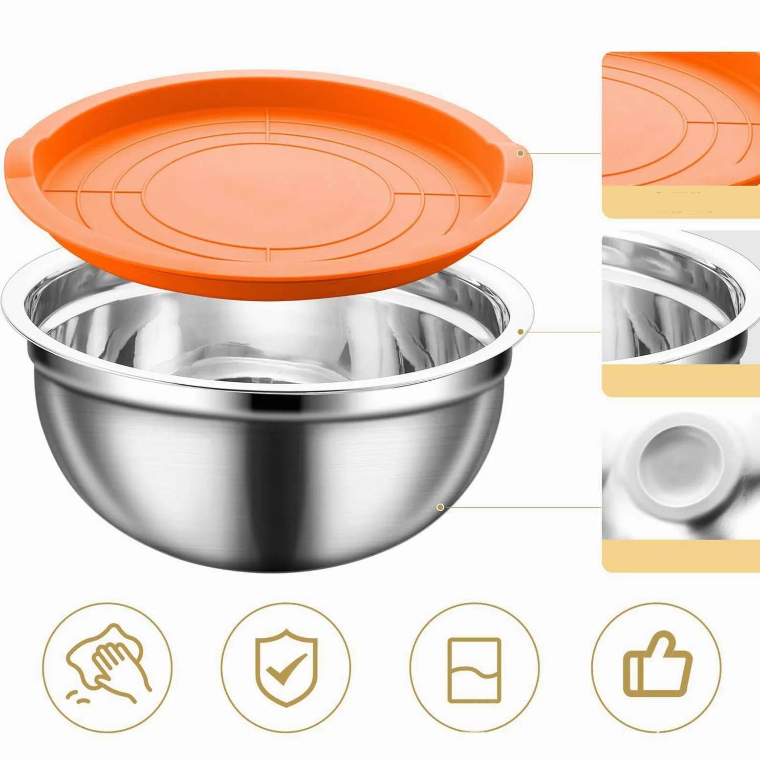 Juego de Bol para Mezclar con Tapa Acero Inoxidable Apilable Antideslizante | Ideales para Ensaladas y Preparaciones Para Salsas, Snacks, Huevos, Aderezos, Verduras, Masa Y Frutas