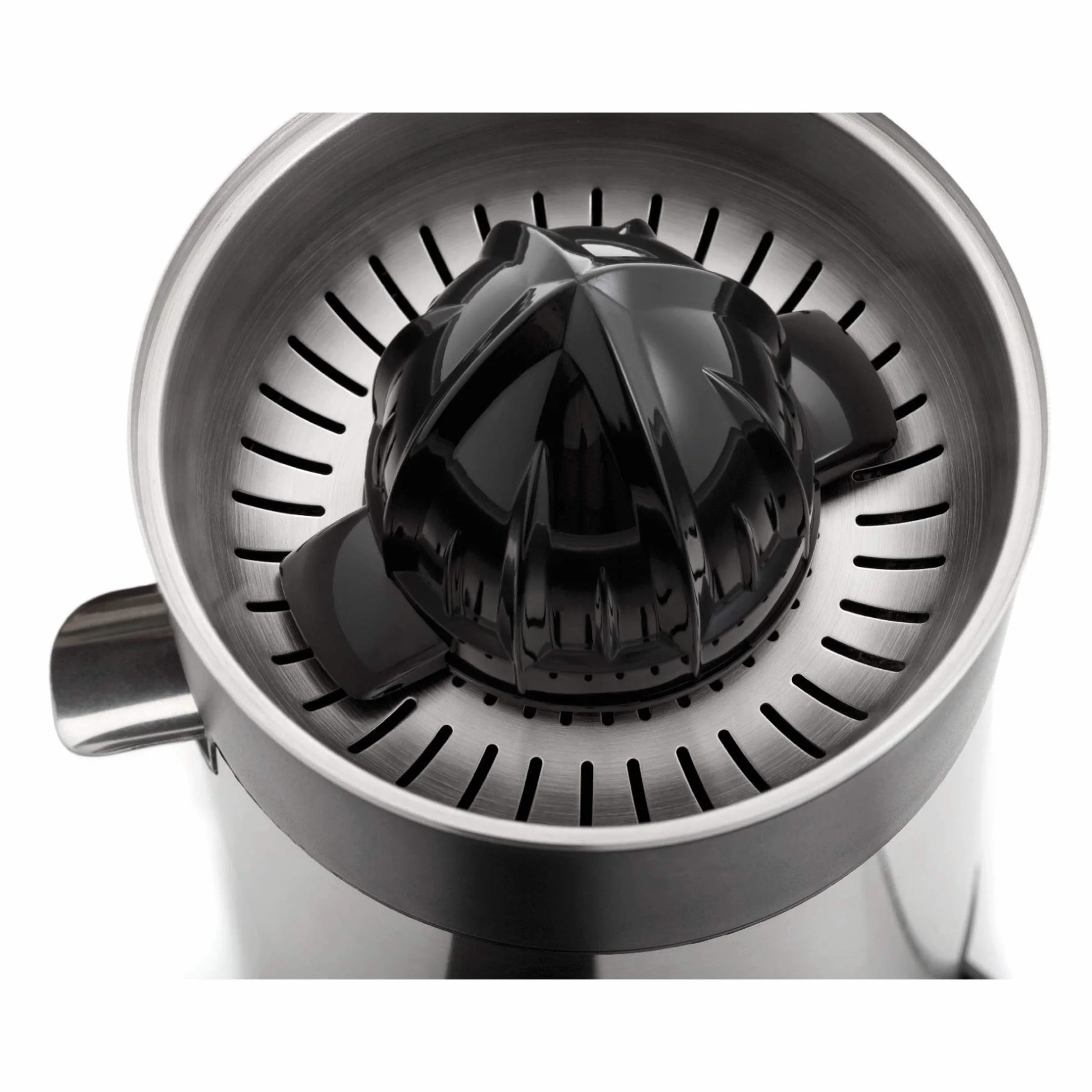 WMF Stelio - Exprimidor, 85 W, 2 conos intercambiables y colador extraíble de cromargan y cierre antigoteo, apto para limón, naranja y pomelo, acero inoxidable, cromargan
